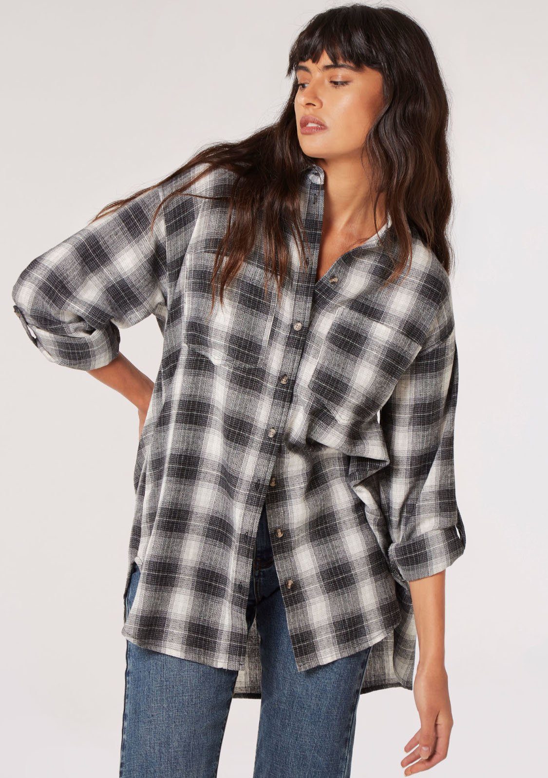 Apricot Hemdbluse Plaid Snow-wash Oversized Shirt (1-tlg) mit Krempelärmeln