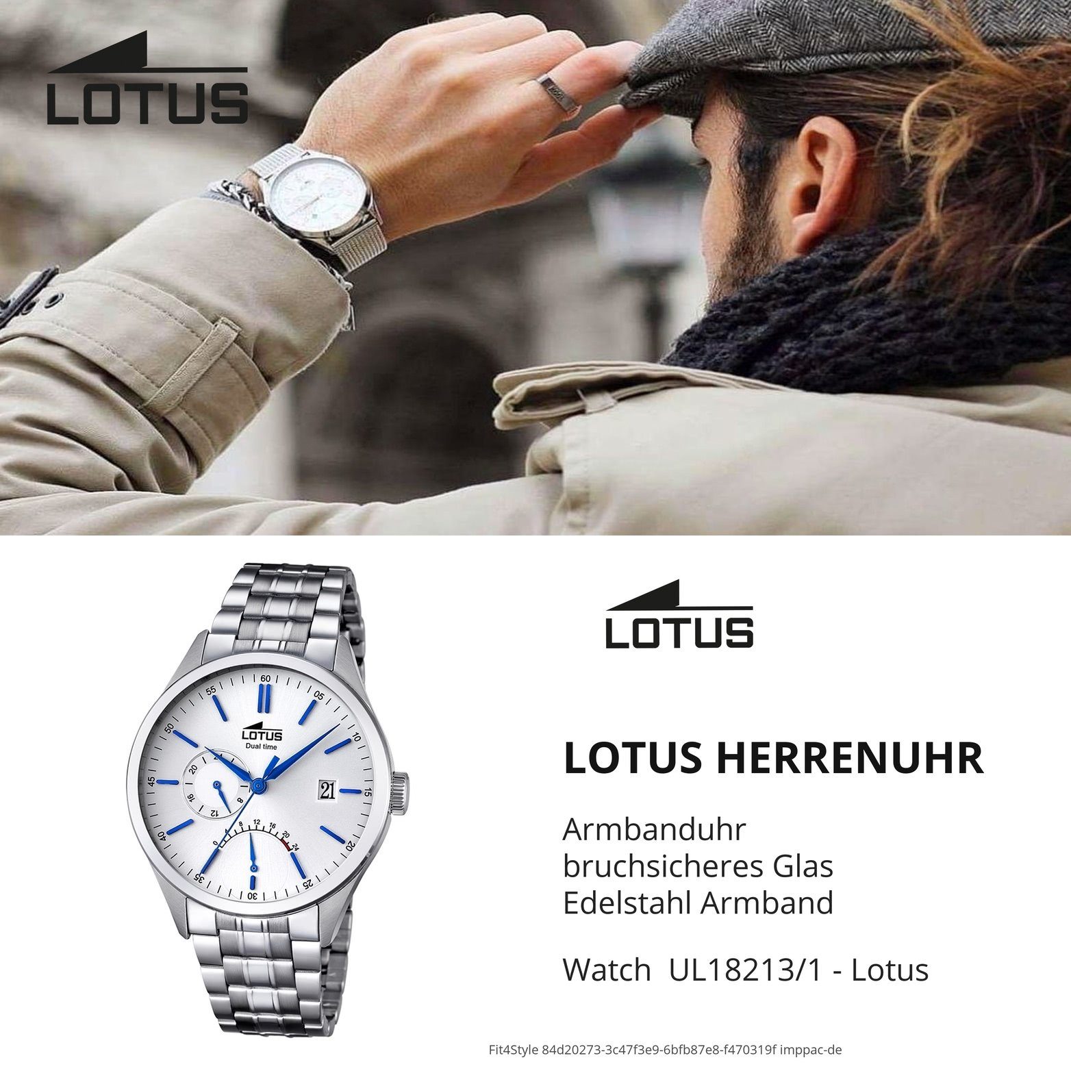 Multifunktionsuhr Herren rundes Uhr Lotus groß 42mm), Herrenuhr (ca. mit Elega Edelstahlarmband, Edelstahl Gehäuse, Lotus L18213/1,