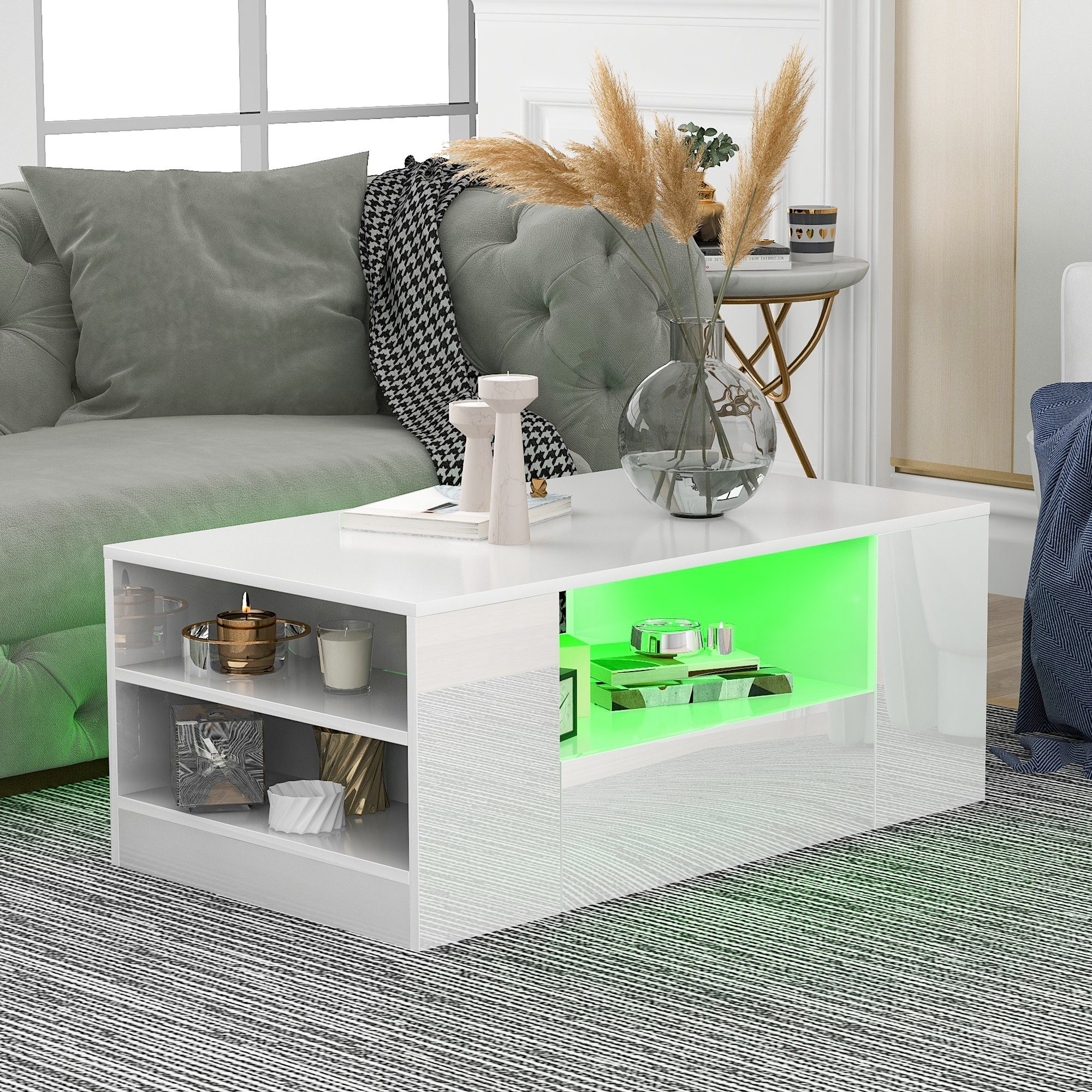 Couchtisch (Wohnzimmertisch Hochglanz Weiß), Sofatisch mit LED-Beleuchtung, 2 Schubladen, 2 Regale, 95 x 53 x 37 cm