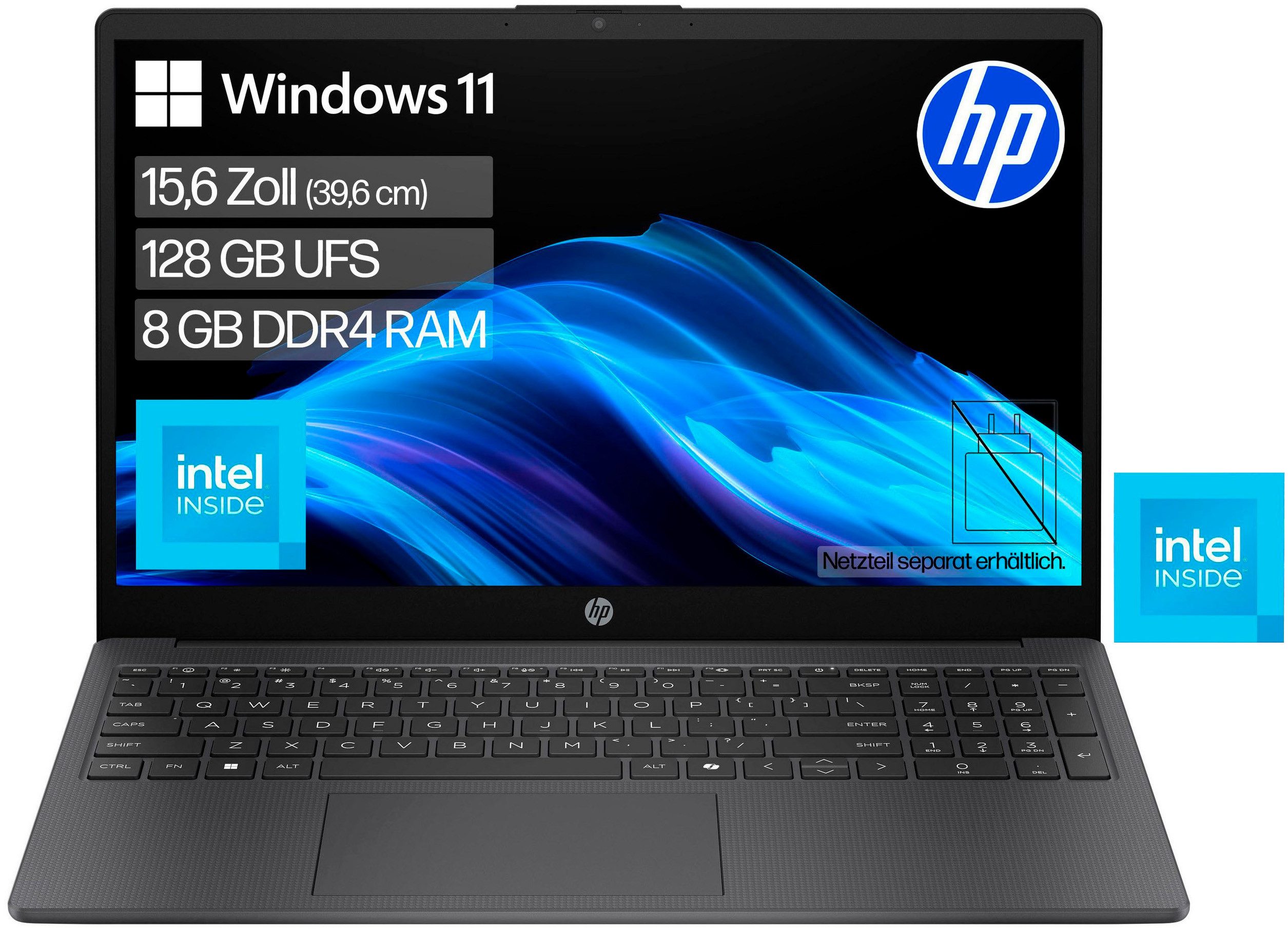 HP 15-fd0220ngx Notebook (39,6 cm/15,6 Zoll, Intel N-Reihe N250, Intel Graphics, 8 GB, 128 GB UFS Festplatte)