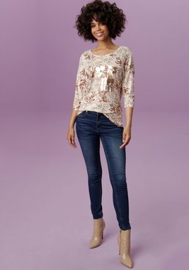 Aniston CASUAL Rundhalsshirt mit Glitzersteinchen und glänzendem Folienprint verziert