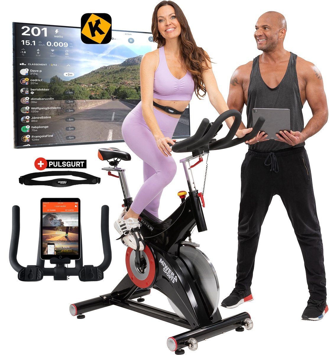 höhenverstellbar), Benutzergewich, Sattel, Transportrollen, für Fitnessfahrrad hause, Smartphone Sports Bike 25 Ganzkörpertraining, (Sportgeräte Fitnessgerät Not-Stopp-Funktion, Cycling SPD-Klicksystem, Tablet- Indoor 2-tlg., Fitnessbike 4D LCD-Display, Halterung, Indoor Speedbike - inkl. Cardio, Pulsmesser, Kinomap-App, Bike 2in1-Pedale, zu Schwungrad Training, MS500 Miweba iConsole+, Schwungmasse Fahrradtrainer, Heimtrainer Cycle Kg Profi 150 und max. Sport, Pulsgurt kg Trimmrad, Fahrrad,