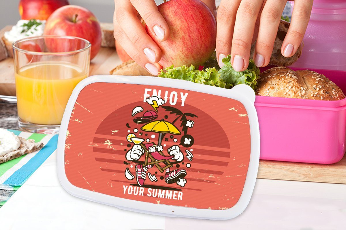 MuchoWow Lunchbox Sonnenschirm - Sommer Kinder, Erwachsene, (2-tlg), Brotbox Vintage, für Kunststoff Snackbox, Brotdose Kunststoff, rosa Mädchen, 