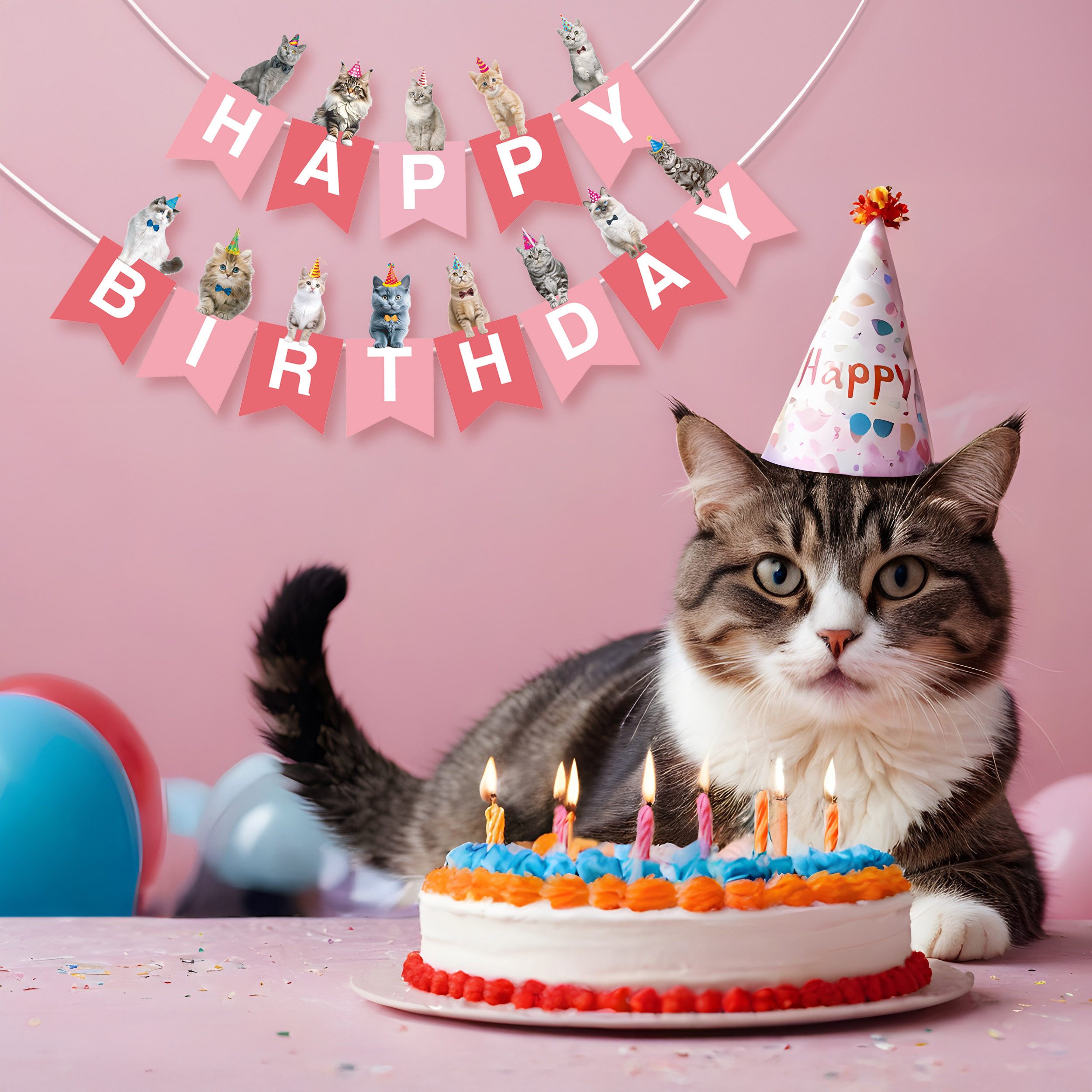 BRUBAKER Wimpelkette Happy Birthday mit Party Katzen - Geburtstag Deko Party Banner, Geburtstagsgirlande für Jungen und Mädchen - Tier Girlande – Bild 4 von 4