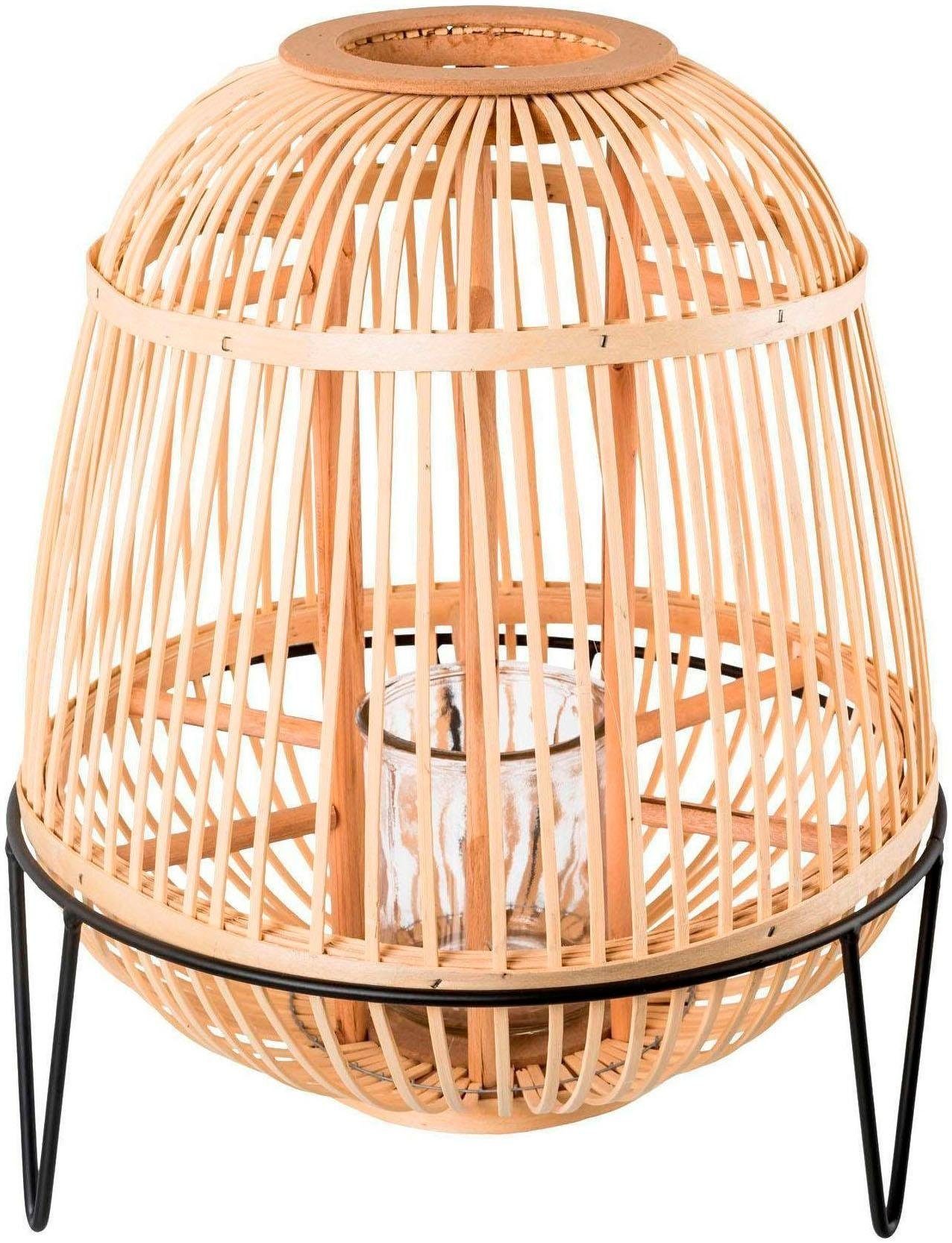 Bambus, mit TROMSO, Höhe cm Windlicht aus mit ca. Glaseinsatz, 34 Metallfüßen, andas
