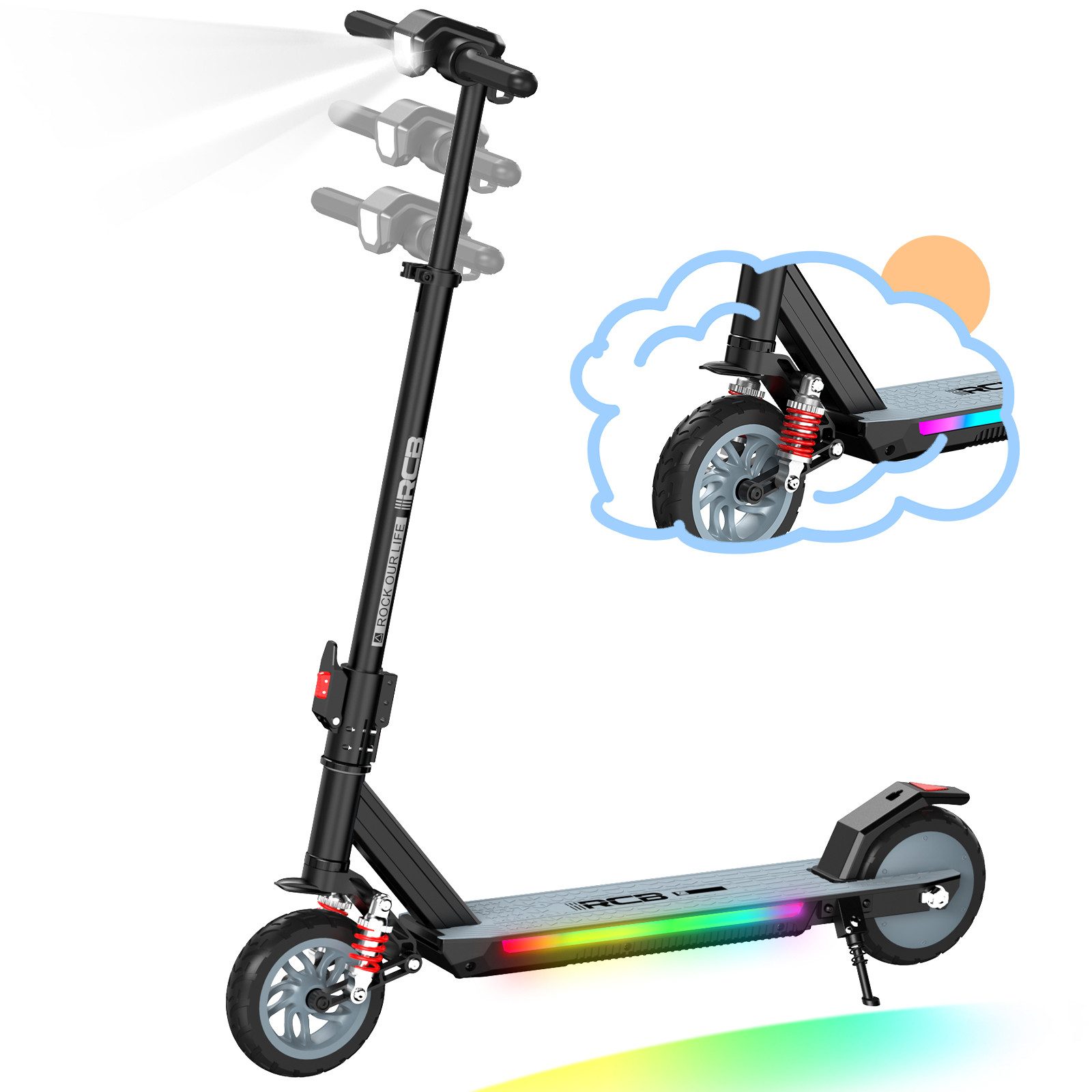 RCB TECH Elektro-Kinderroller R12 MAX,Vorderradfederung,7''Vollgummireifen,höhenverstellbar 96-110cm, Belastbarkeit 60 kg, Schwingarm-Federung,Faltmechanismus mit zwei Sicherheitsverriegelungen