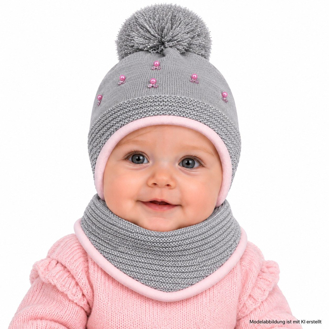AJS Mütze & Schal Strickmütze Strickschal Winterset Dreiecktuch Babymütze Gr. 36-38 mit Baumwolle gefüttert