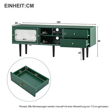 IDEASY TV-Schrank grün mit weißem Rattan, 2 Schubladen, (2 Rattan-Schiebetüren, 4 Fächer, höhenverstellbares mobiles Regal) 160*40*60 cm, Schrankboden 25 cm über dem Boden