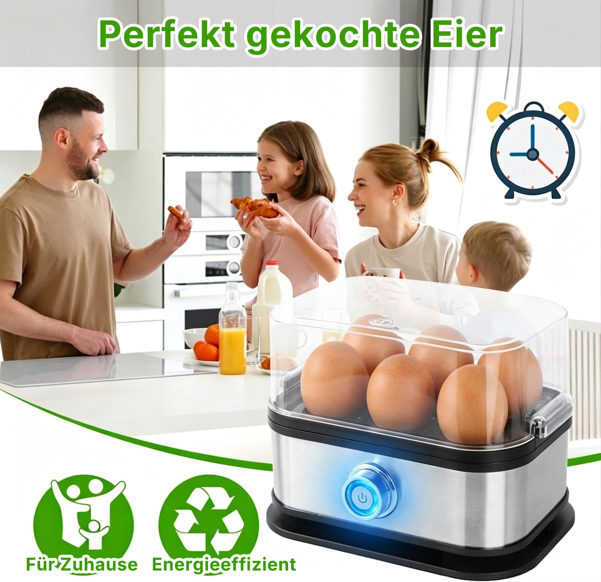 Forrlite Eierkocher für 6 Eier, Dampfgarer, für Frühstückseier von weich bis hart, Anzahl Eier: 6 St., 200 W, BPA-frei, mit Überhitzungsschutz, spülmaschinengeeignet