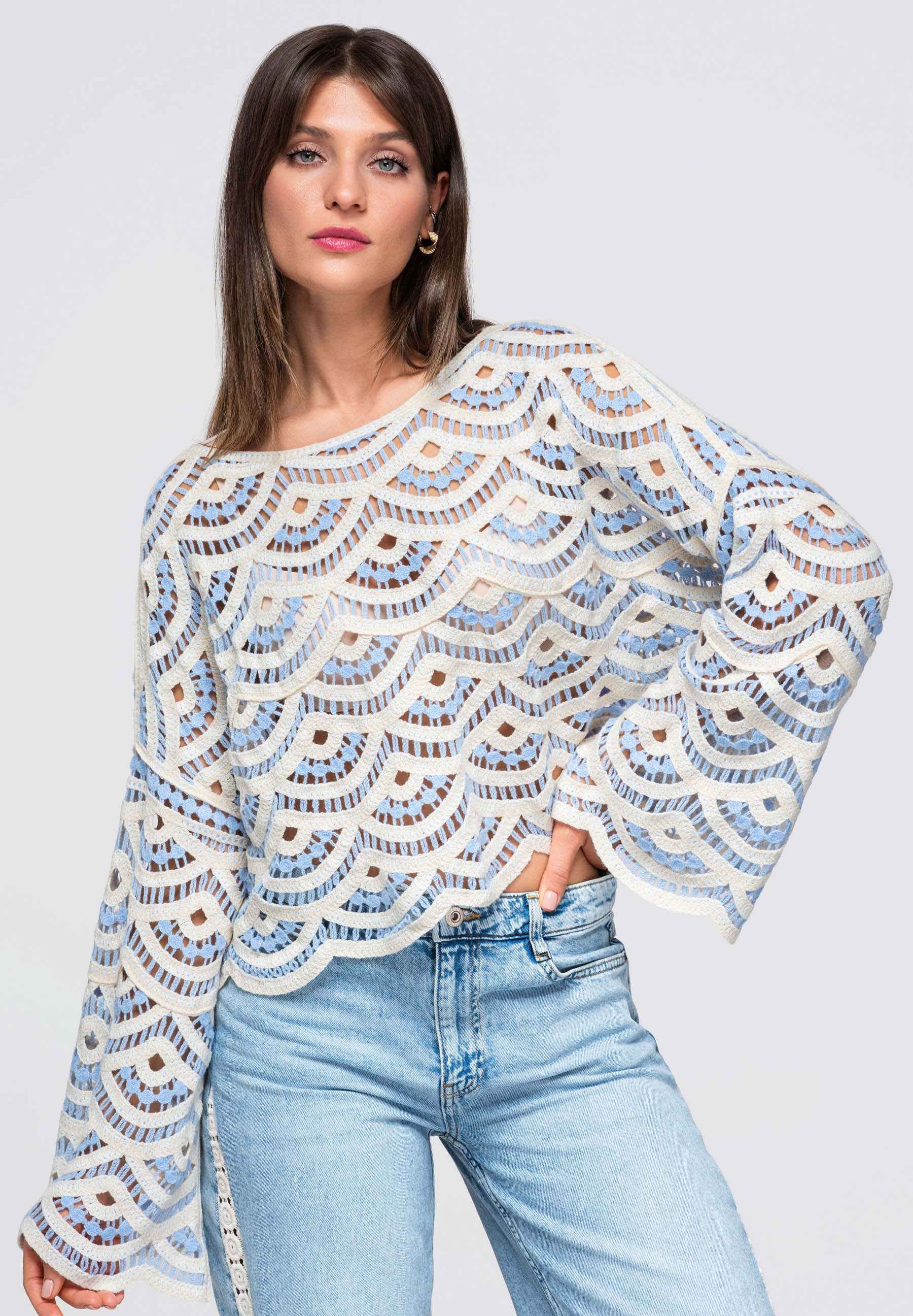 OMBRE Hemdbluse Damen Bluse mit weitem Ausschnitt und lockerer Passform Blau ONESIZE (kein Set, 1-tlg)