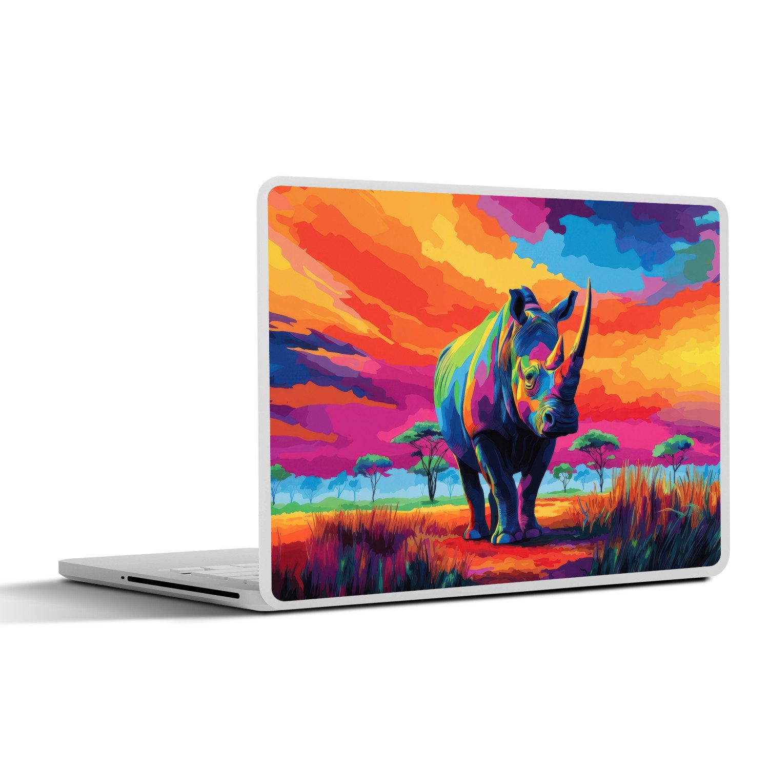 MuchoWow Laptop-Aufkleber Nashorn - Sonnenuntergang - Savanne - Farbenfroh, (1tlg), Laptop Folien Cover, Aufkleber, Sticker, Schutz vor Kratzern, 25x18 cm