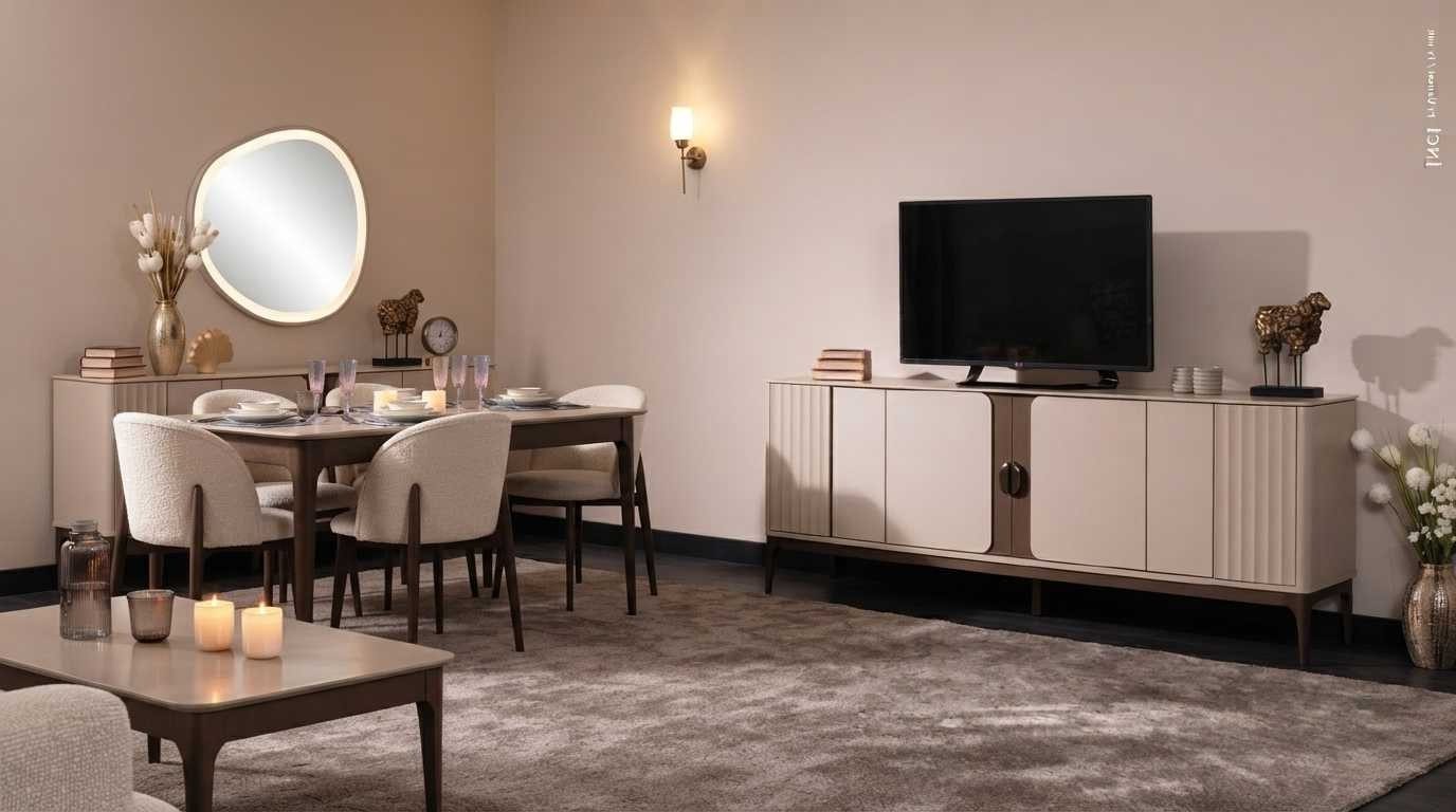Xlmoebel Esszimmer-Set Stilvolle Esszimmergarnitur Edler Esstisch 4x Textilstühle Lowboard, (6-St., 1x Tisch, 4x Stühle, 1x Sideboard, 1x Spiegel, 1x TV Lowboard, 1x)