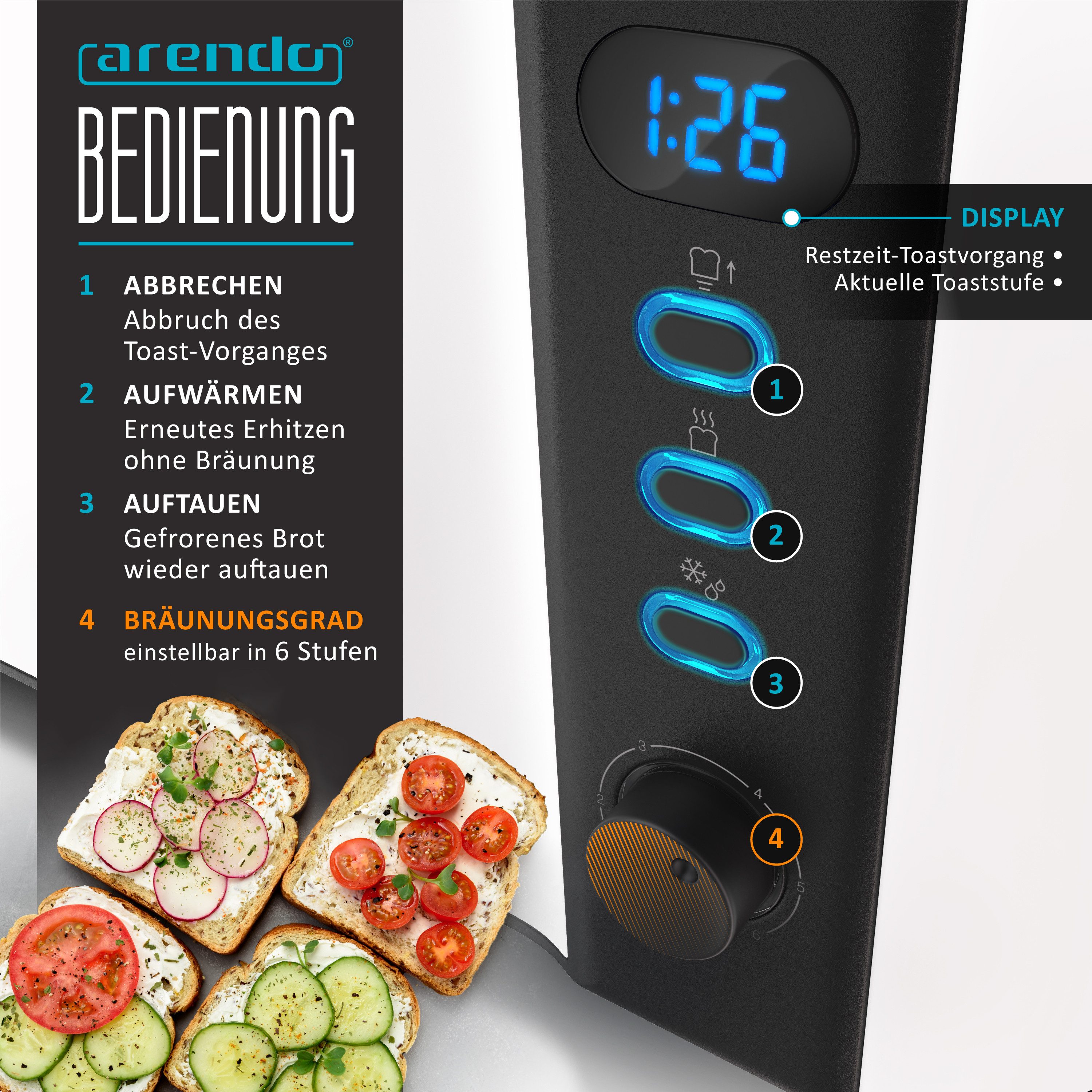 Arendo Toaster Display mit Restzeitanzeige, Edelstahl, Langschlitz, Brötchenaufsatz, 1 langer Schlitz, für 2 Scheiben, 1000 W, Defrost Funktion, Wärmeisolierendes Gehäuse, Krümelschublade