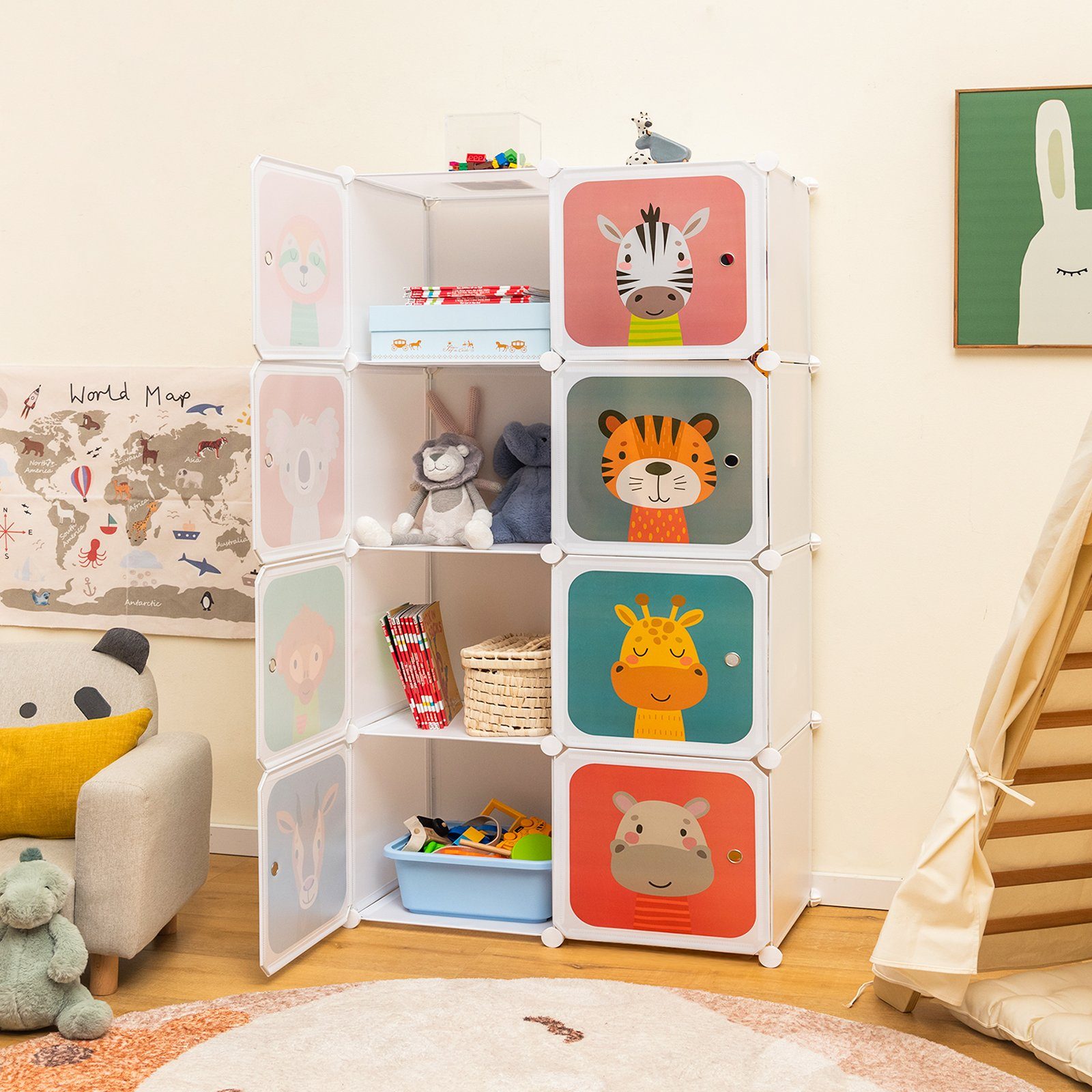 COSTWAY Kinderkleiderschrank mit Kleiderstange und 8 günstig online kaufen