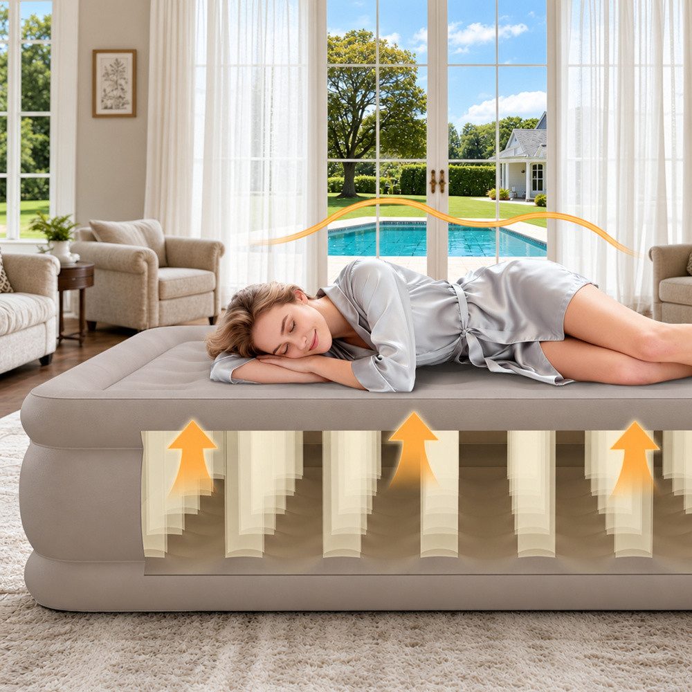 LEAN TOYS Luftbett Gästebett Luftmatratze Reisebett, (Spar-Set, 1-tlg., 198 x 152 cm beflockt), integrierte Akkupumpe, USB-C, beflockte Oberseite