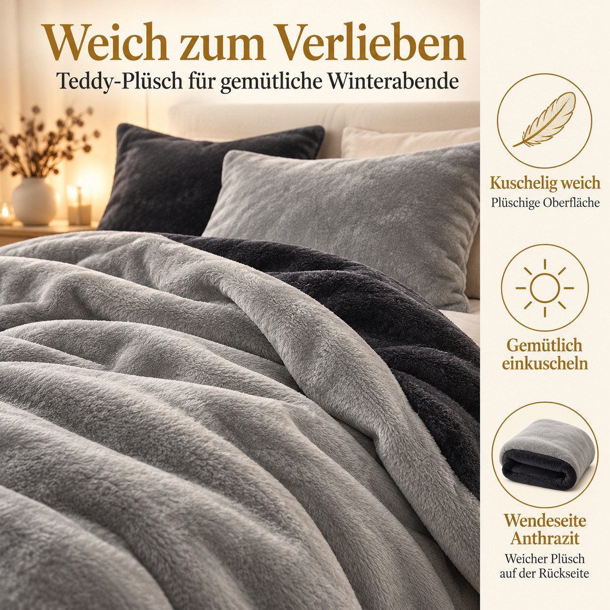 Leonado Vicenti Bettwäsche Winter Teddy Plüsch Cashmere Touch, Fleece, 3 teilig, flauschig warmes Nicky-Teddy-Plüsch, Einfarbig – Bild 5 von 5