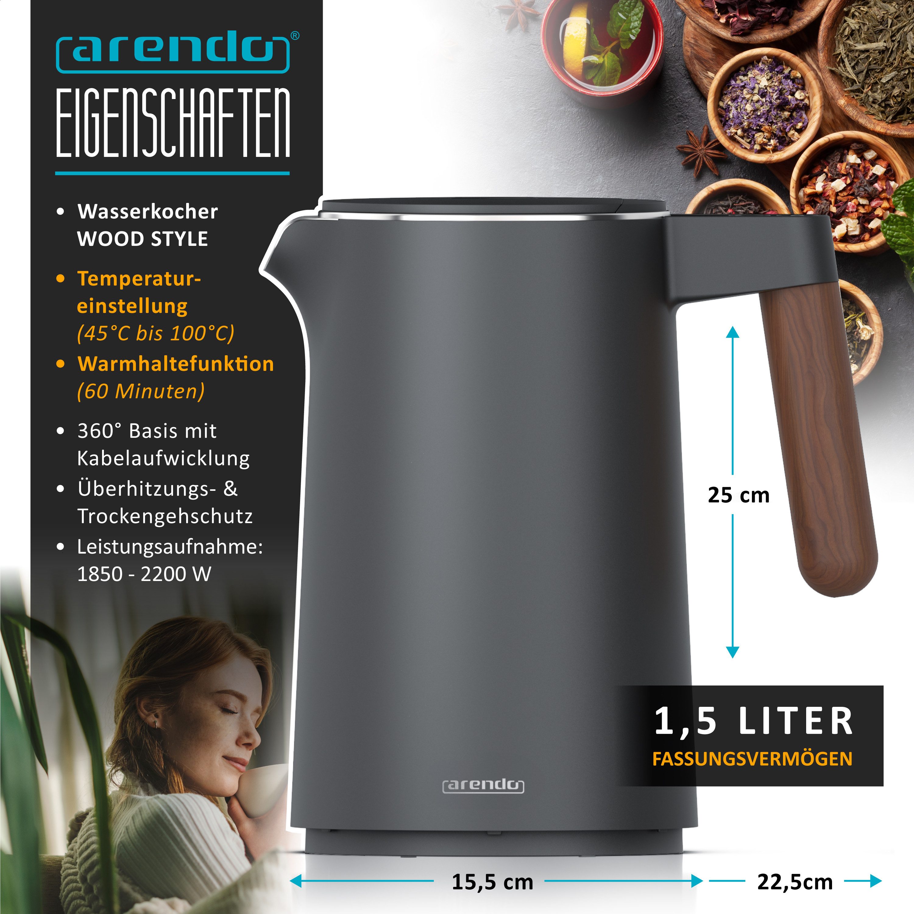 Arendo Wasserkocher Edelstahl, Temperatureinstellung 40° - 100 °C mit Anzeige, Doppelwand, 1,5 l, 2200 W, Warmhaltefunktion, 360° Basis, mit Griff in Holzoptik, BPA-frei