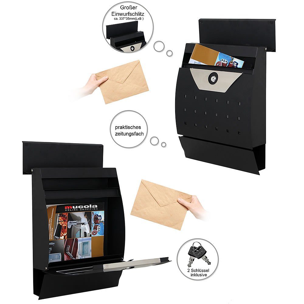 Mucola Briefkasten Wandbriefkasten halbrund Zeitungsrolle Namenschild Schwarz Briefkasten (Stück, 1-St., Premium-Briefkasten), inkl. 2 Schlüssel