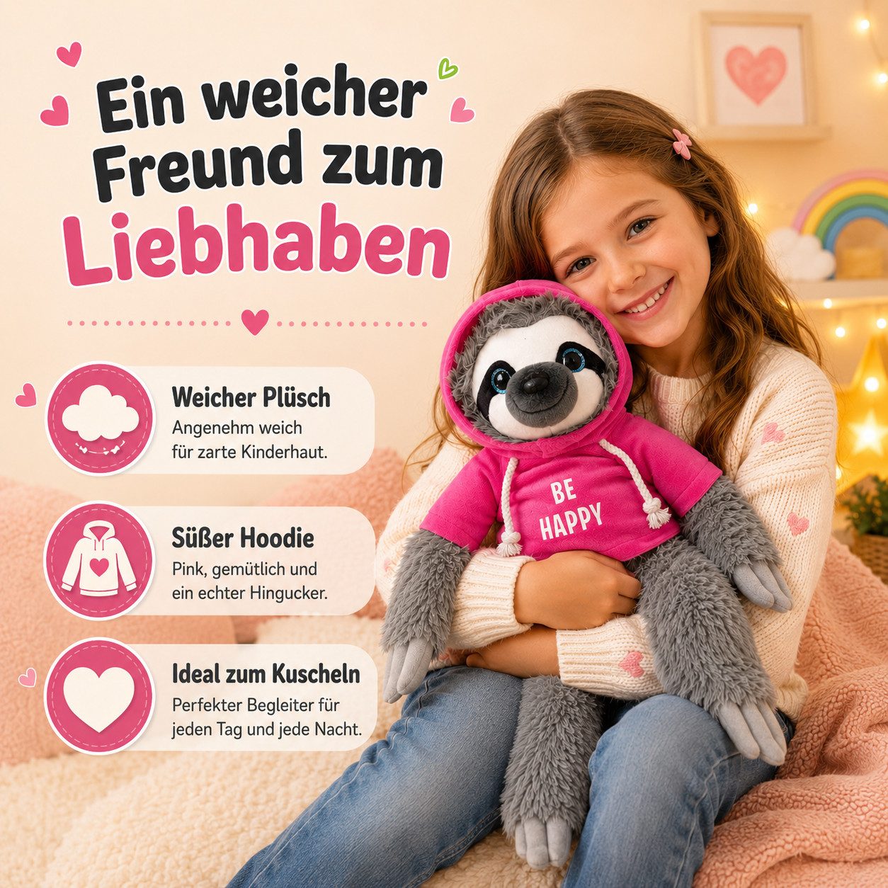 soma Kuscheltier Faultier Kuscheltier grau XXL 40 cm Faultier Plüschtier Be Happy Pink (Set, 1-St., Geschenk-Set), Stofftier Sale Geschenke für Mädchen Jungen Kinder Babys spielen