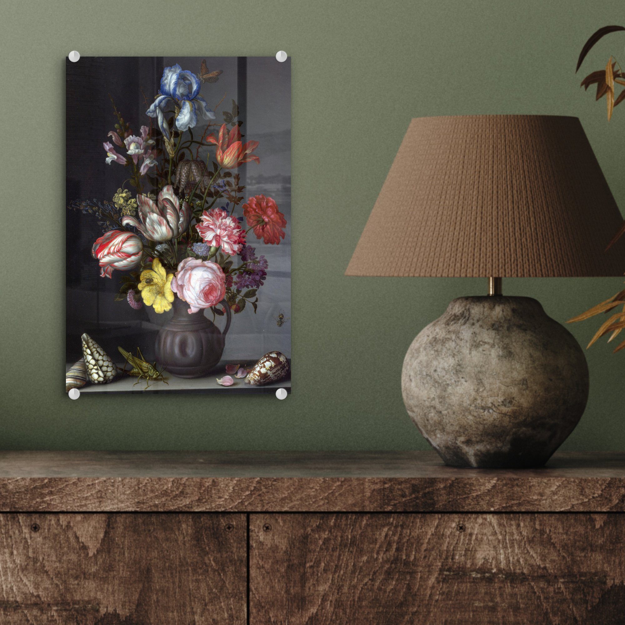 - auf Insekten Acrylglasbild St), Glas Glas Vase - - auf Bilder bunt in einer (1 Foto MuchoWow Glasbilder Wandbild Muscheln - mit Wanddekoration Ast, und der Blumen Balthasar van