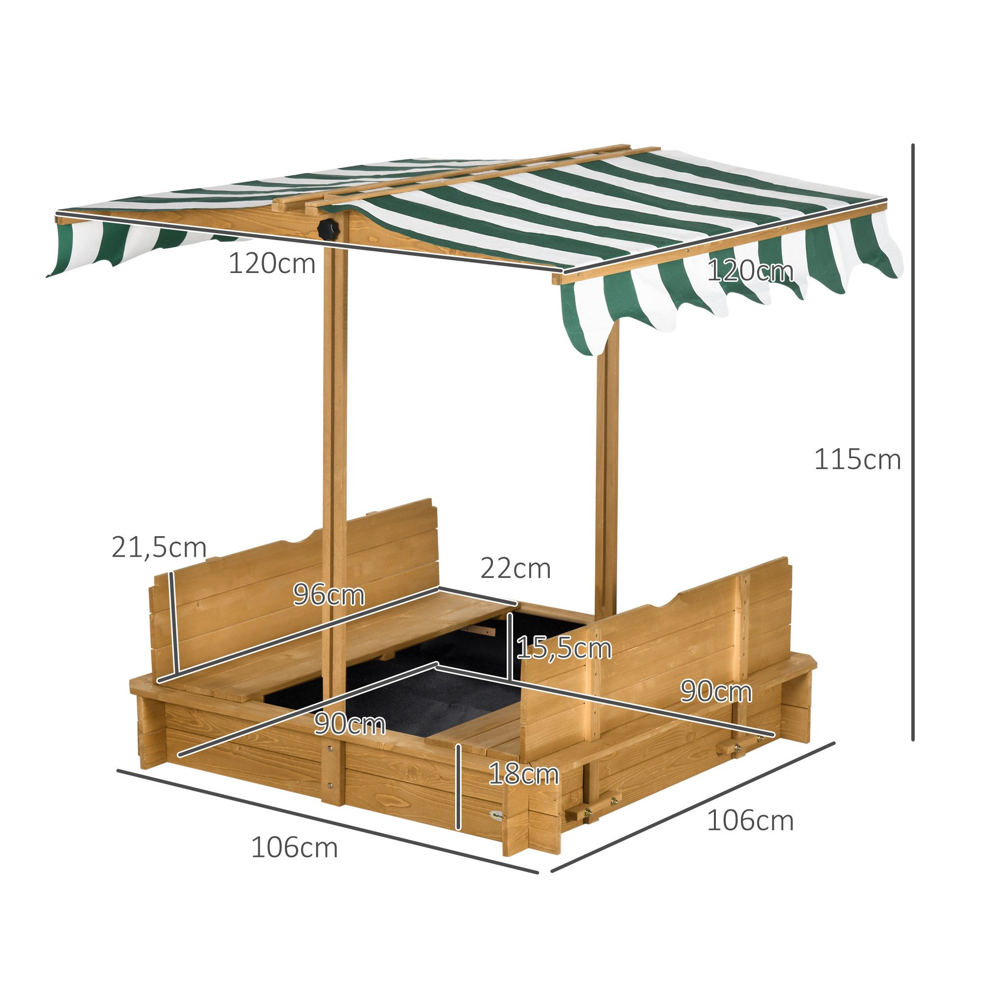 Outsunny Sandkasten mit höhenverstellbar Abdeckung Sitzbänken Rücklehnen, (Kinder Sandbox, 1-tlg., Sandkiste), aus Holz für Outdoor Garten Terrasse Balkon Hellbraun
