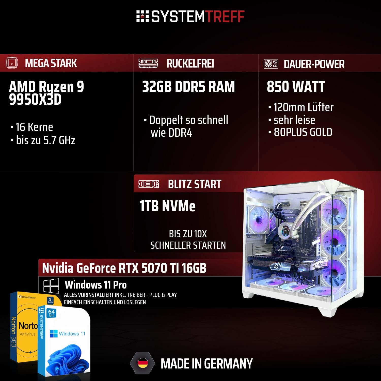 SYSTEMTREFF AMD Ryzen 9 9950X3D mit Nvidia GeForce RTX 5070 TI 16GB Gaming-PC (AMD 9950X3D 9950X3D, Nvidia GeForce RTX 5070 Ti, 32 GB RAM, 1000 GB SSD, Wasserkühlung)