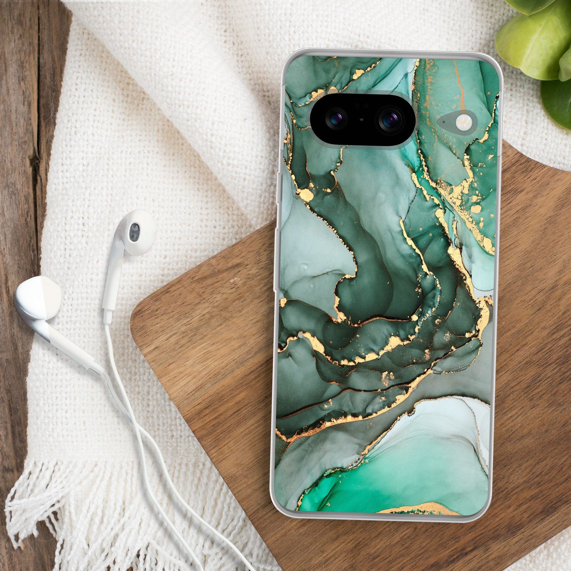 MuchoWow Handyhülle für Google Pixel 8 Gold - Marmor - Grün - Luxus - Marmoroptik - Grau, Handy Case, Silikon, Bumper Case Dünn