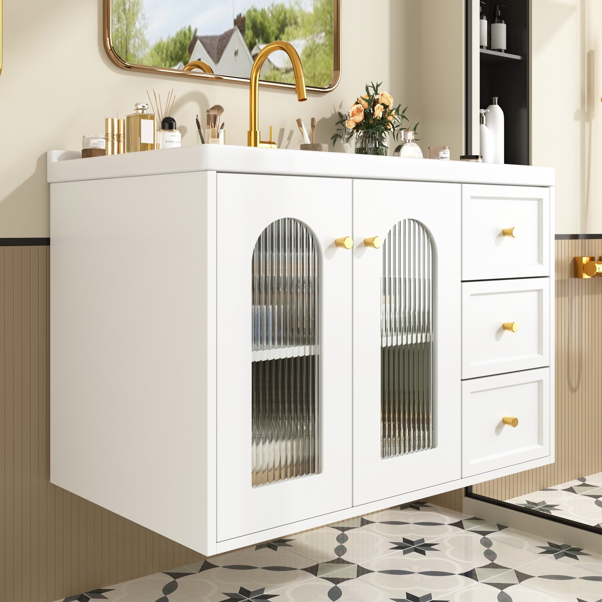 Flieks Waschtisch Waschbeckenunterschrank inkl. Keramik-Waschbecken (B80/T50/H58 cm, 1-St., wandhängend Badschrank mit verstellbarer Einlegeböden), Badmöbel-Set – Bild 3 von 5
