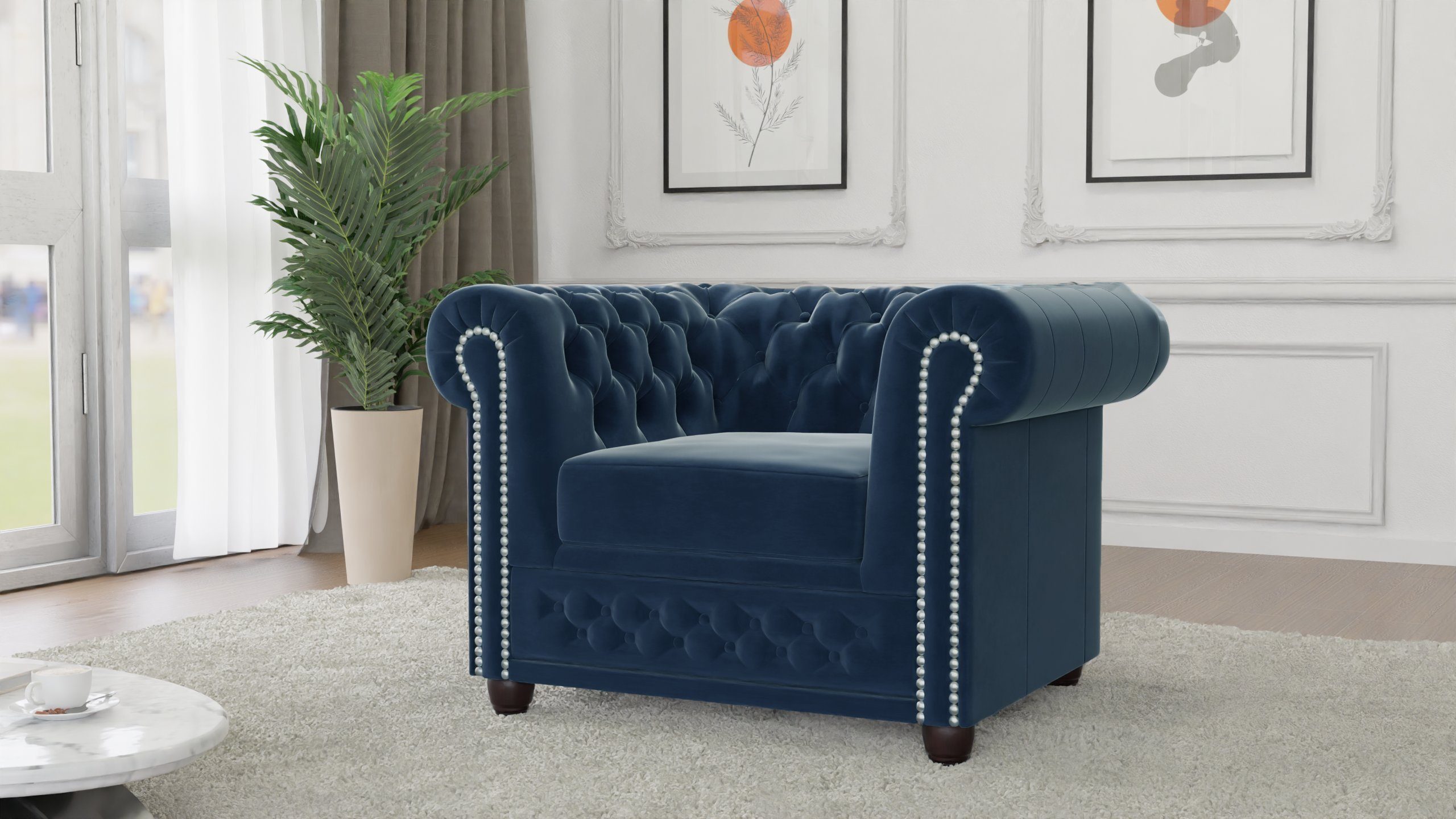 S-Style Möbel Polstergarnitur Chesterfield Lena mit Schlaffunktion 3+2+1 aus Samt-Stoff, Holzfüßen, (3-Sitzer-Sofa mit Schlaffunktion, 2-Sitzer-Sofa mit Schlaffunktion, Sessel), mit Wellenfederung