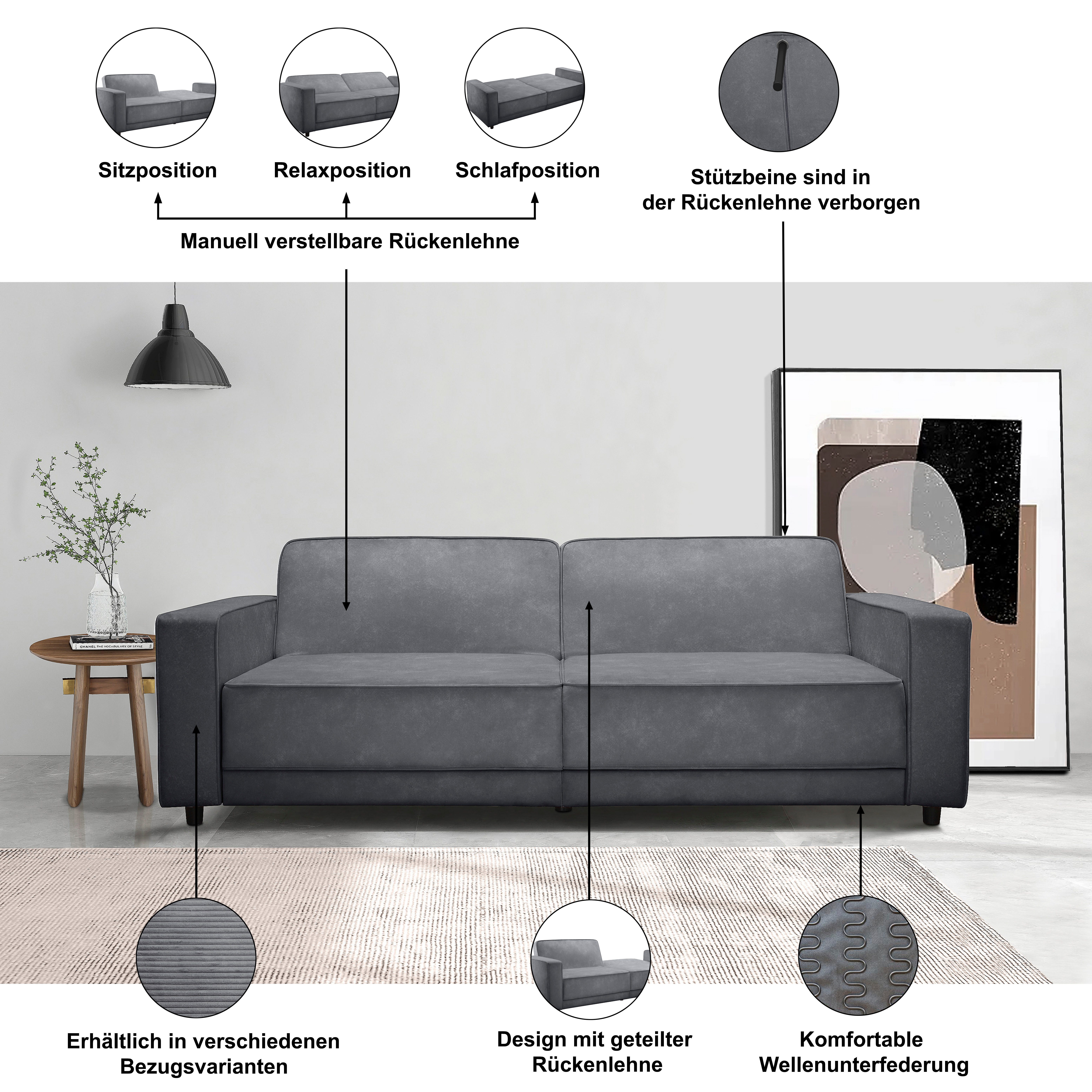 Dorel Home 3-Sitzer ALLIE Schlafsofa 225 cm, Bett-Funktion (108/190cm), trendiger Cord o. pflegeleichter Velours – Bild 3 von 5