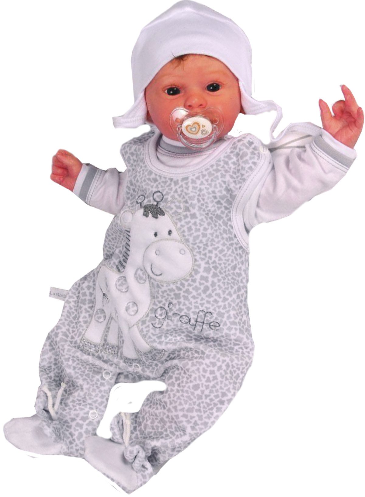 Strampler, Jäckchen & Mütze Stramplerhose Mütze Shirt Baby Anzug 3Tlg in Grau mit Giraffe