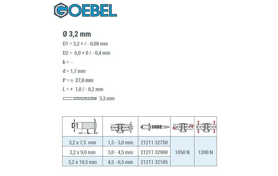 GOEBEL GmbH Blindniete 3,2 / CUP (1000x A2-V2A Edelstahl Dichtblindniete Senkkopf 1000 Blindniete Aluminium 2121132750, 7,5 Dichtnieten), Bechernieten St., - Becher mm, x Dicht-Becherblindniete