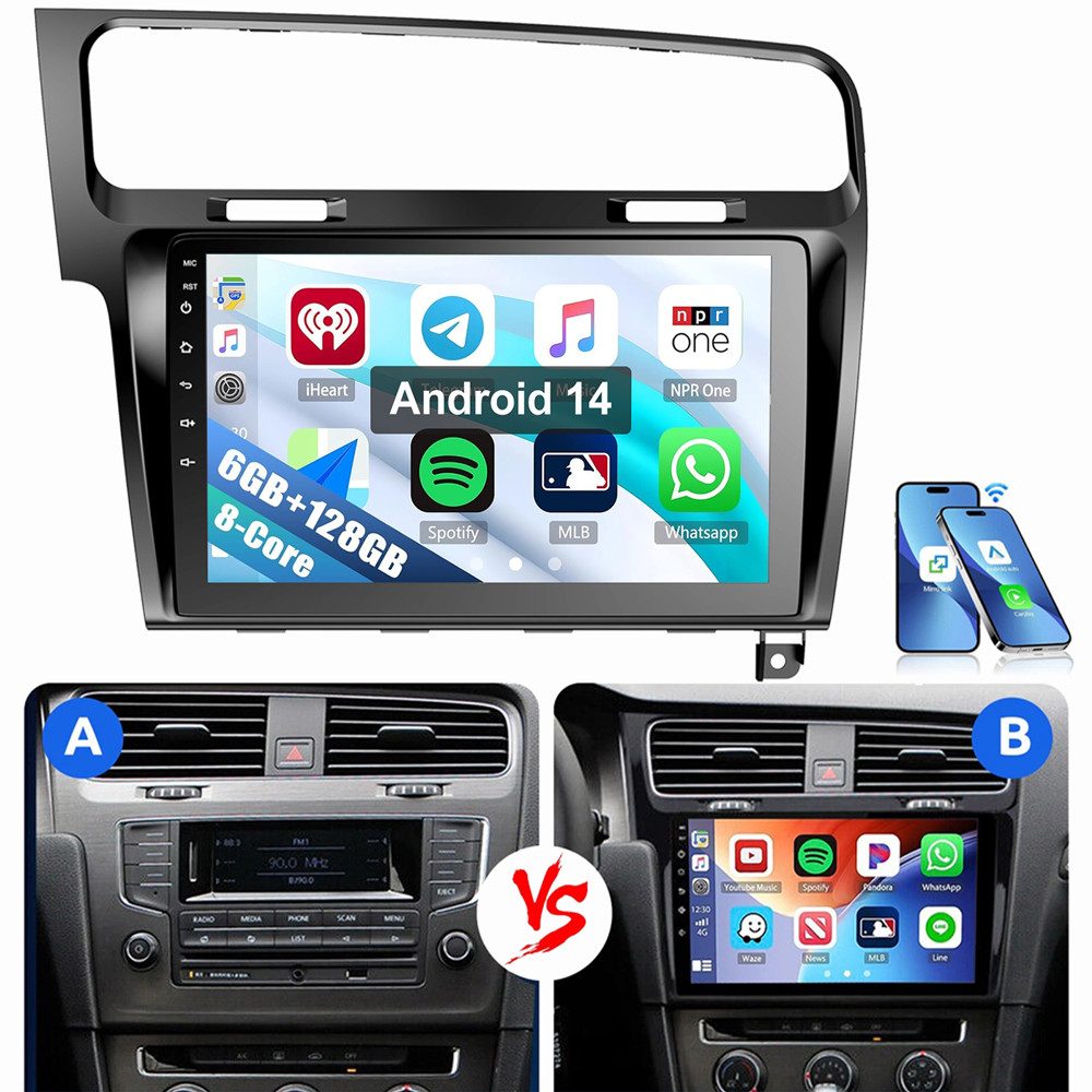 ESSGOO Für Golf 7 2013-2017 6+128GB 8-Kern NAVI Carplay QLED Autoradio (RDS, Digitalradio (DAB), FM, AM, Apple Carplay Android Auto 4G LTE …