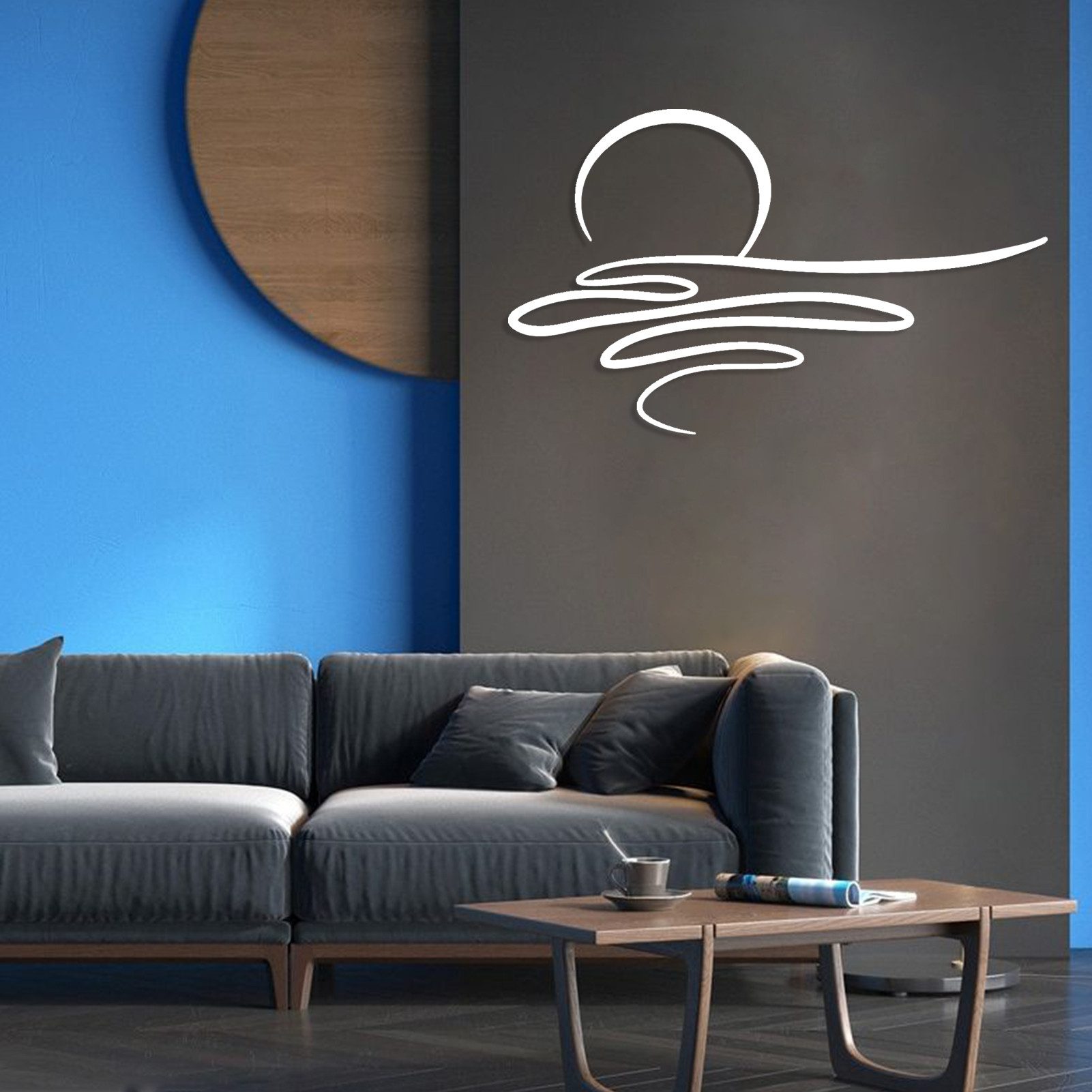Jumpeak Wanddekoobjekt Wanddeko Sonnenaufgang über Wasser,Meer, Abstrakte Kunst, Strichkunst, Metall, 4 Farben, 3 Größen, Wanddekoration für das Wohnzimmer,schlicht