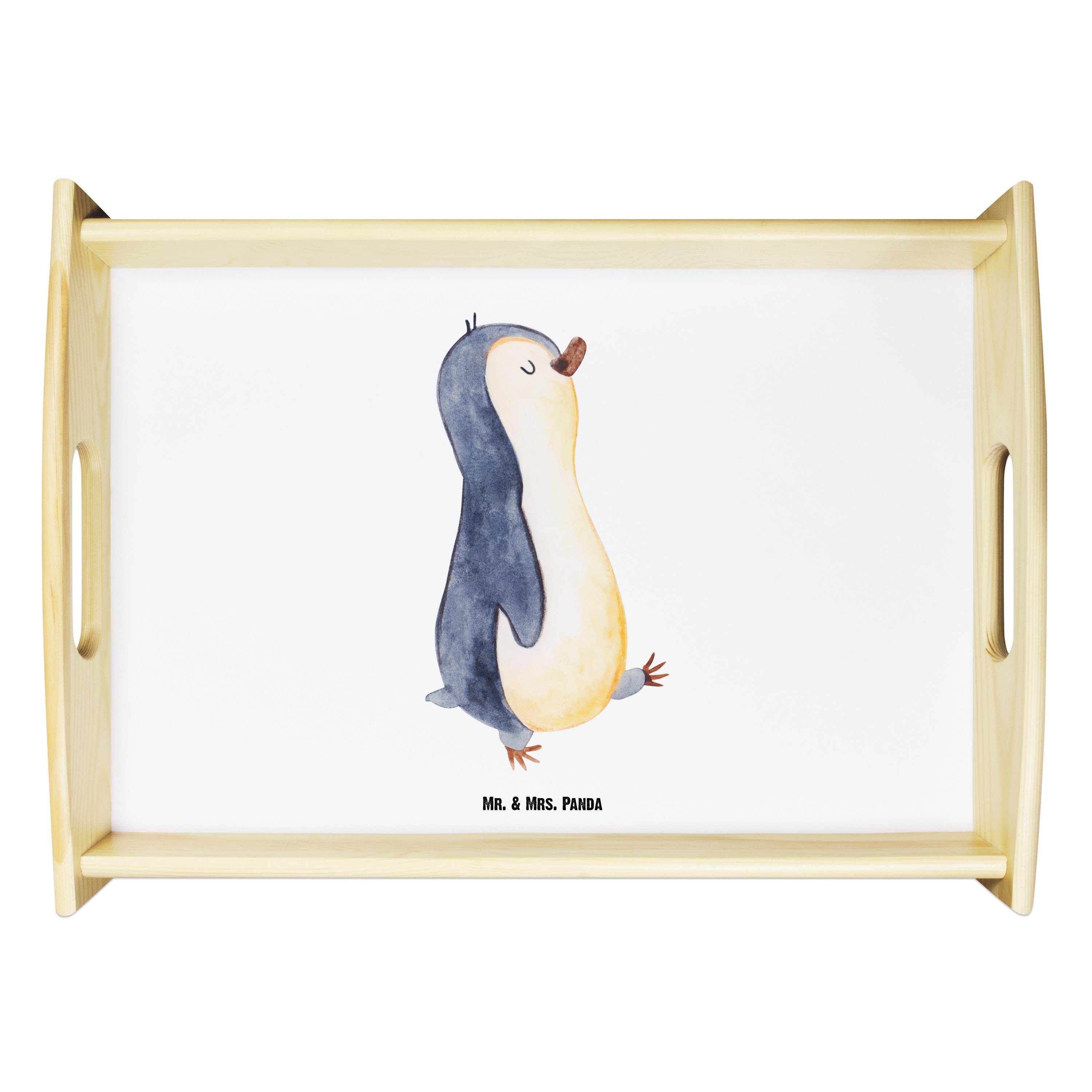 Mr. & Mrs. Panda Tablett Pinguin marschierend - Weiß - Geschenk, spazieren, zufrieden, Tablett, Echtholz lasiert, (1-tlg) | Tabletts