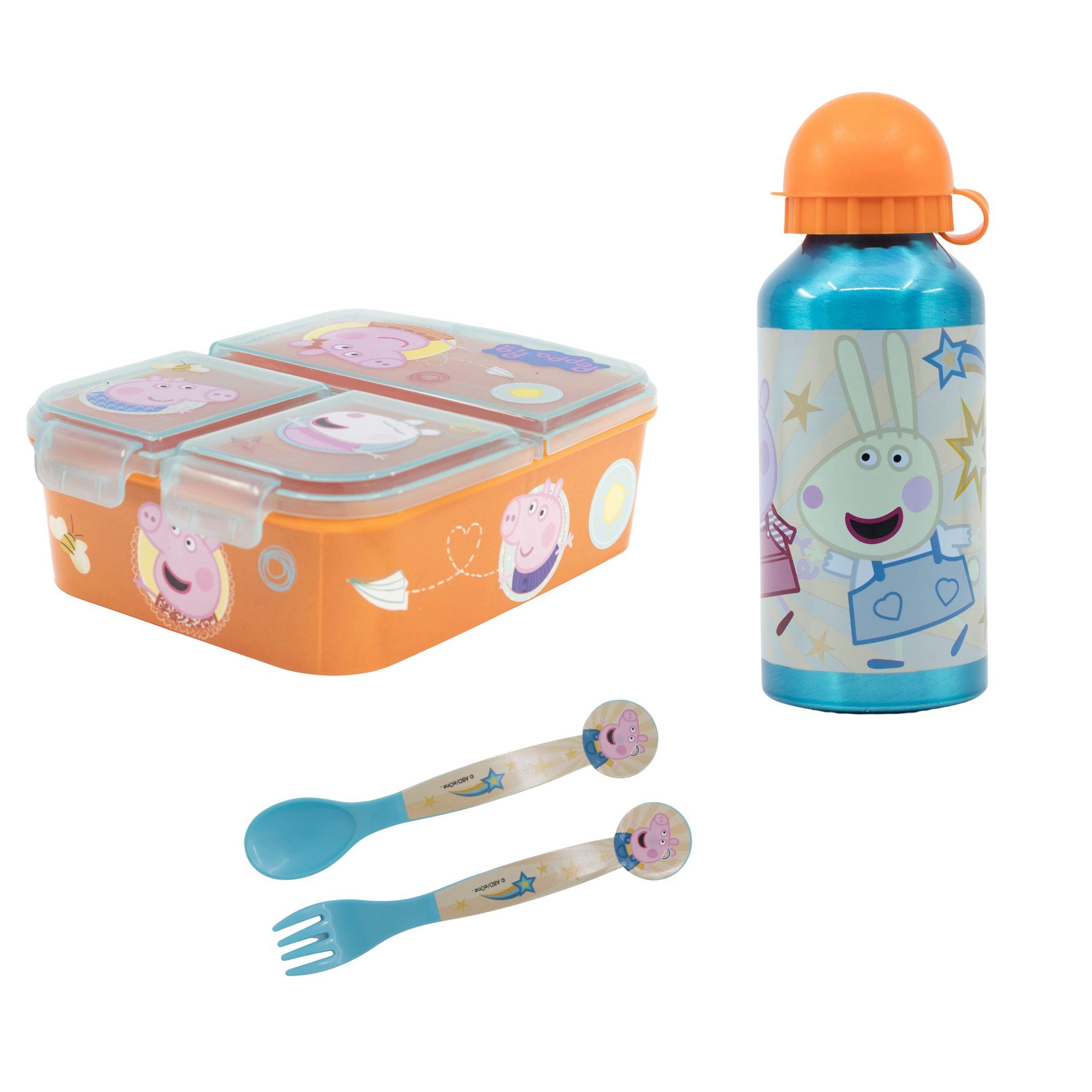 (4-tlg), Alu-Trinkflasche 3 Kunststoff Peppa 4 Peppa Frühstücks-Set, Kinder Pig Besteck Aluminium, Brotdose Wutz Pig teiliges Lunchbox Kammern