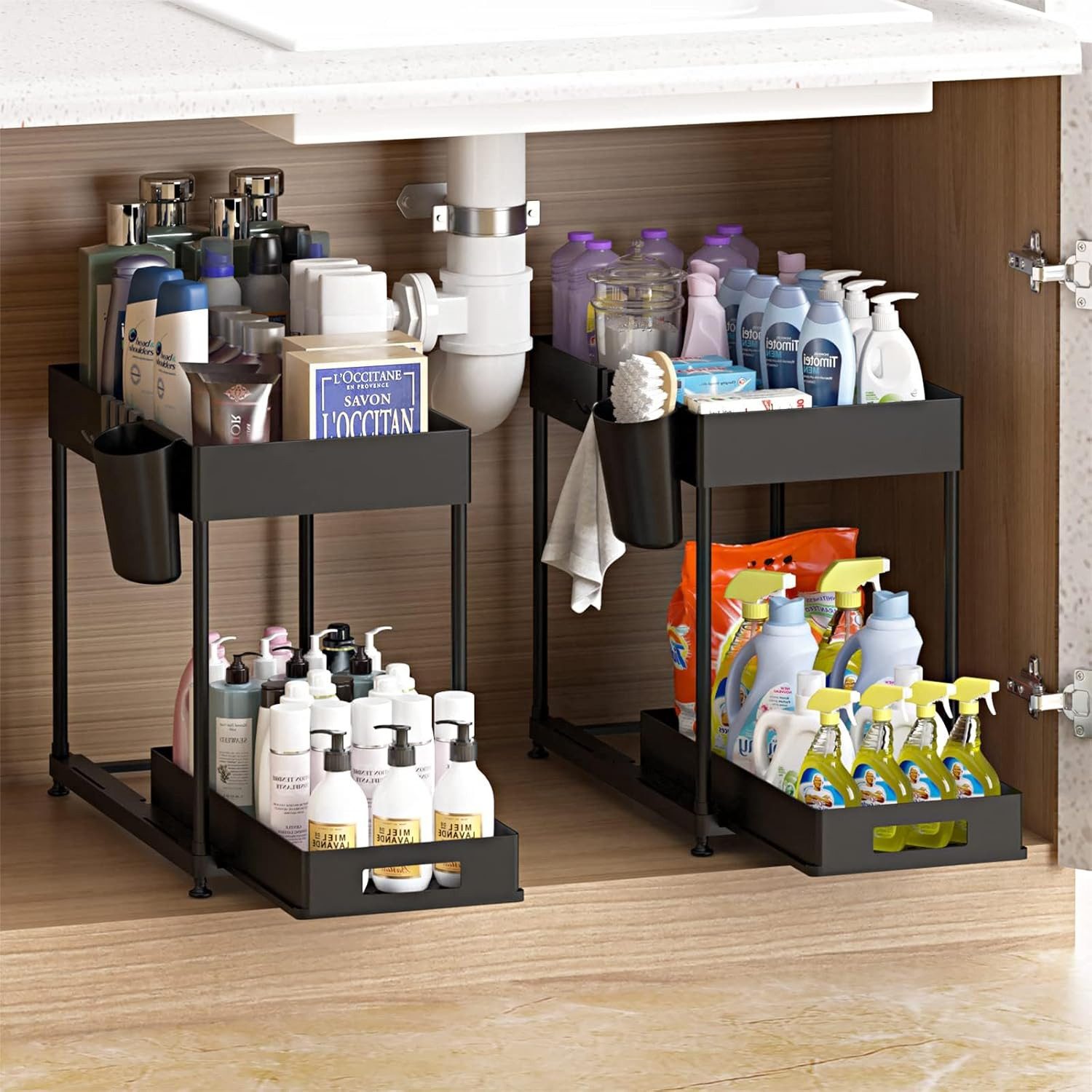 Refined Living Ablageregal Waschbecken Regal, Küchenschrank Organizer, Spülschrankregal Organizer, Lagerregal mit 2 Ebenen, mit Schiebeschublade, 4 Haken und 1  – Bild 4 von 5
