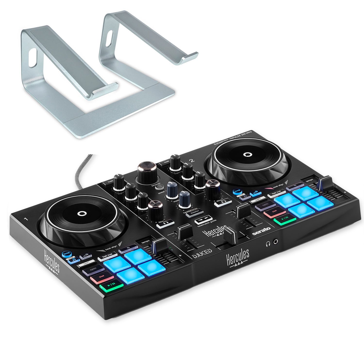 HERCULES DJ Controller Hercules DJ Control Inpulse 200 MK3 mit Laptop Stativ Silberfarben, (Vorteils-Set mit Laptop Stativ Silberfarben, 1-tlg), Vorteils-Set mit Laptop Stativ Silberfarben