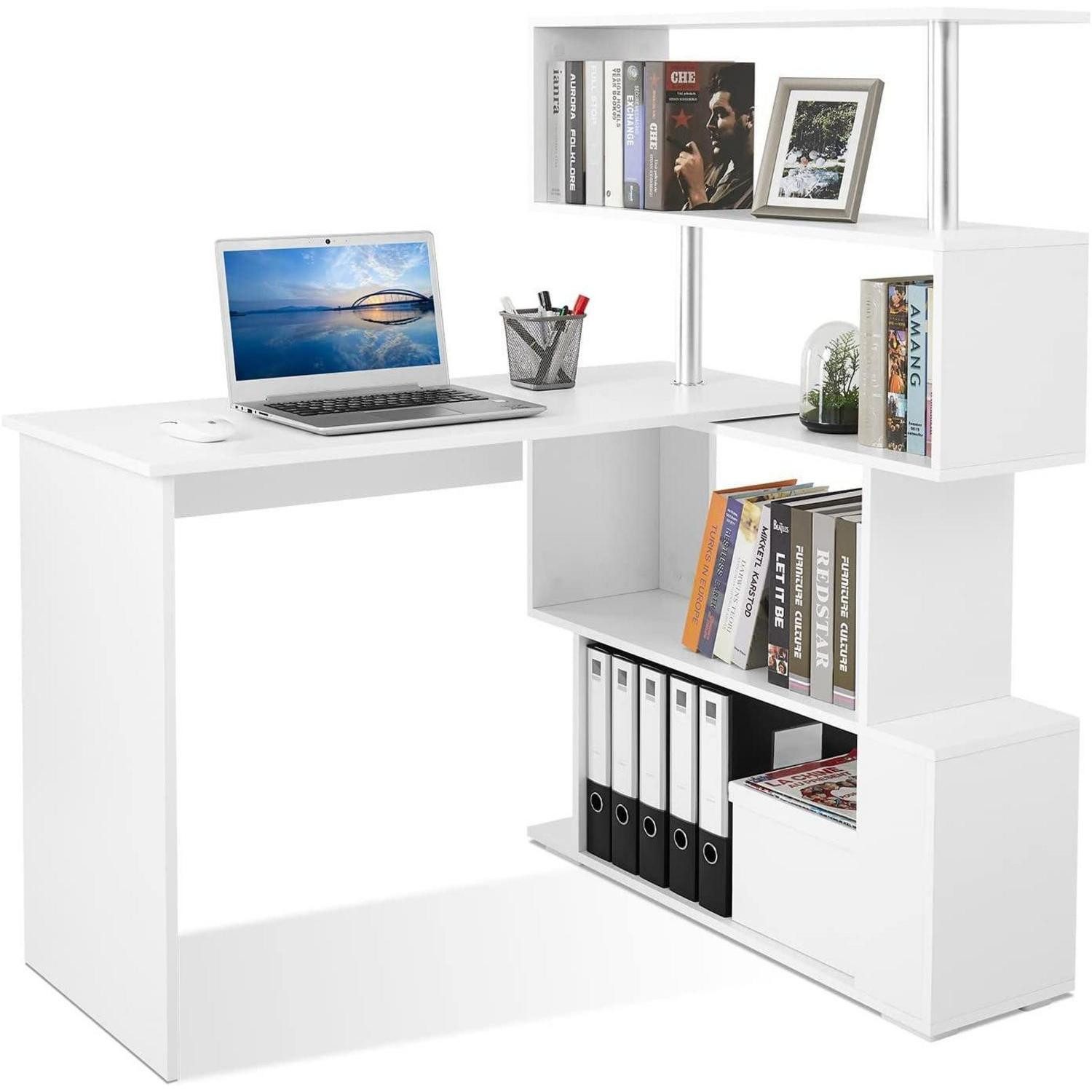 LuxusKollektion Computertisch Computertisch Eckschreibtisch Lförmig 360Grad Bücherregal Weiß (1-St)