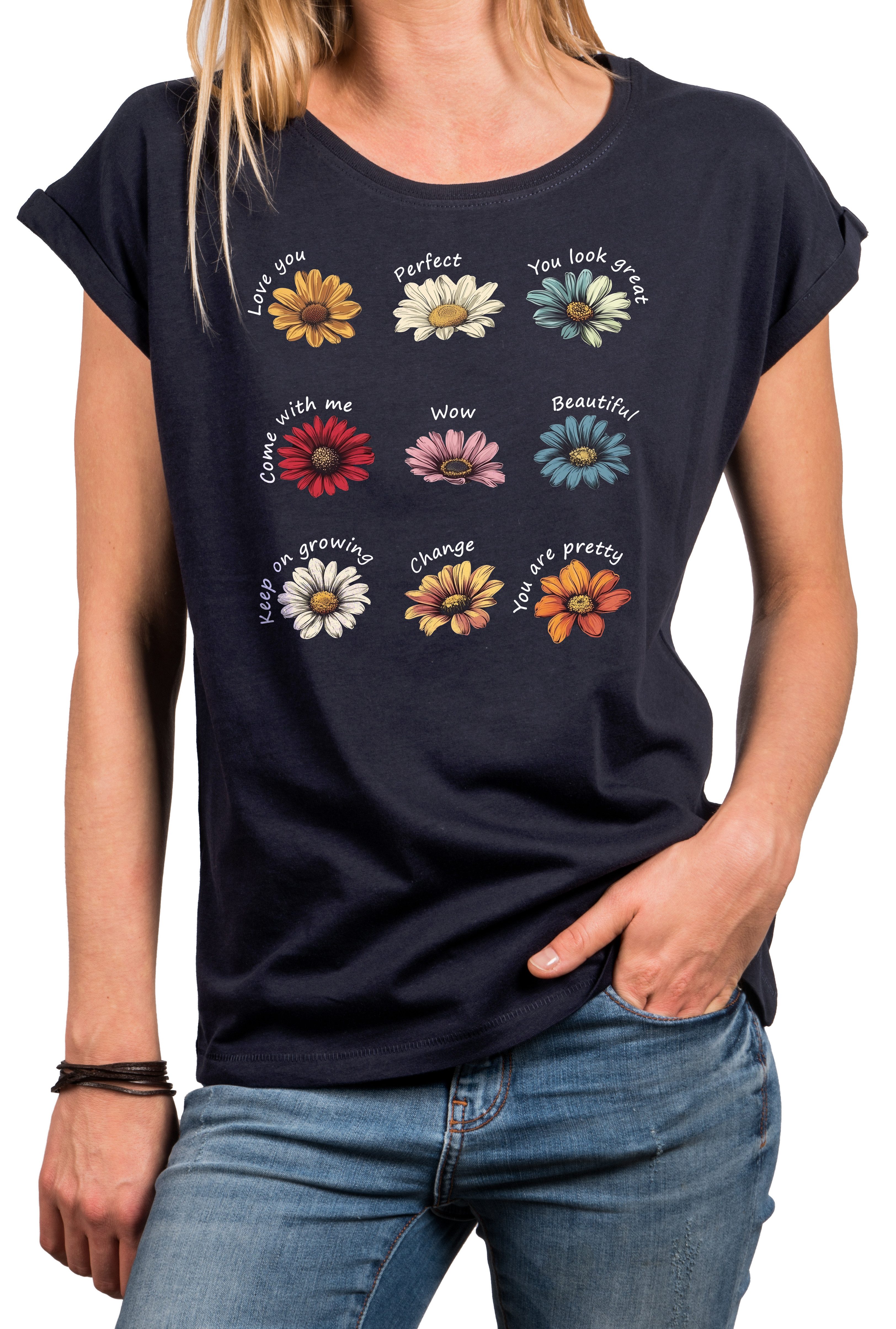 MAKAYA Kurzarmshirt mit Blumenprint Hippie Flower Power Outfit Blumenshirt Sommer Top (Schwarz, Blau, Grau, 36, 38, 40, 42, 44, 46, 48, 50) mit Druck