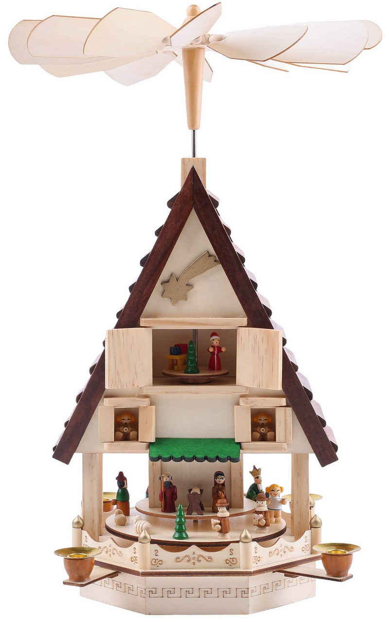 BRUBAKER Weihnachtspyramide Holzpyramide Adventshaus mit 4 Etagen, handbemalte Figuren, Kerzenpyramide aus Holz mit 4 Kerzenhaltern aus Metall, 49 cm hoch
