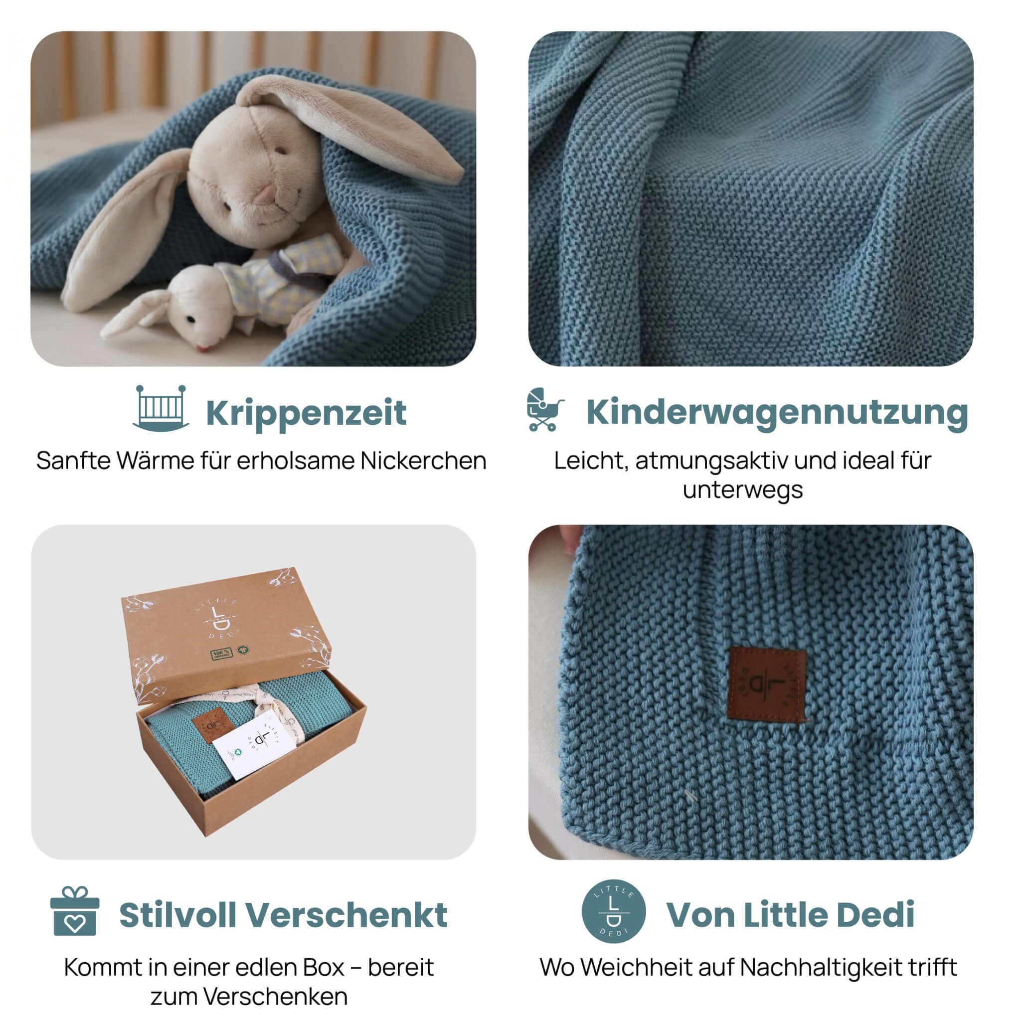 Babydecke Baby Strickdecke, %100 Bio Baumwolle, Atmungsaktiv, 80x100cm Rauchblau, Little Dedi