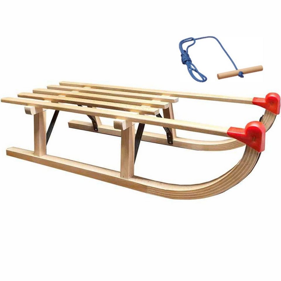 BURI Schlitten Holzschlitten Davos 100cm Traditionell mit Leine  Rodelschlitten Kinder