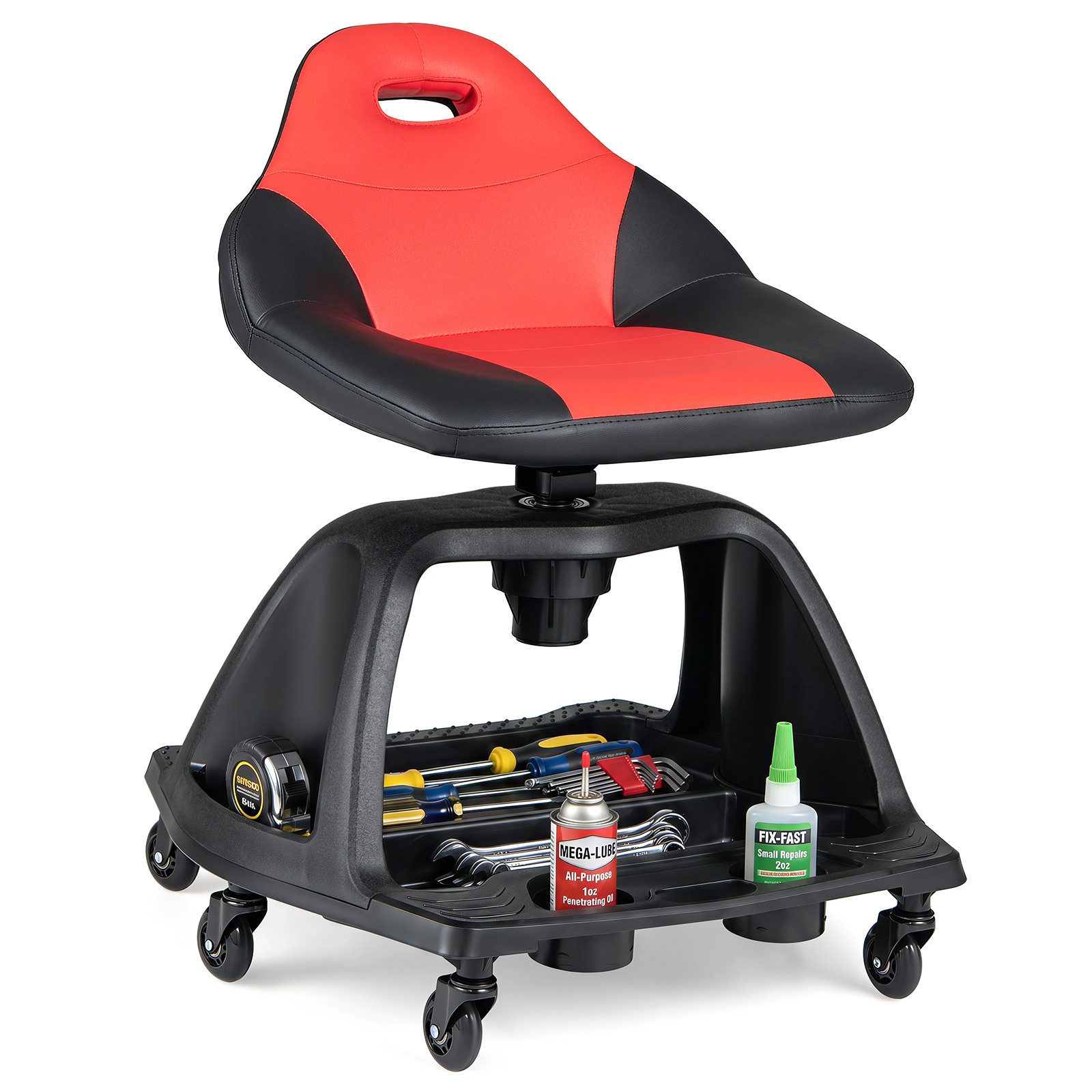 COSTWAY Arbeitshocker Werkstatthocker, 360° drehbarer Rollhocker mit Lehne & 6 Rollen