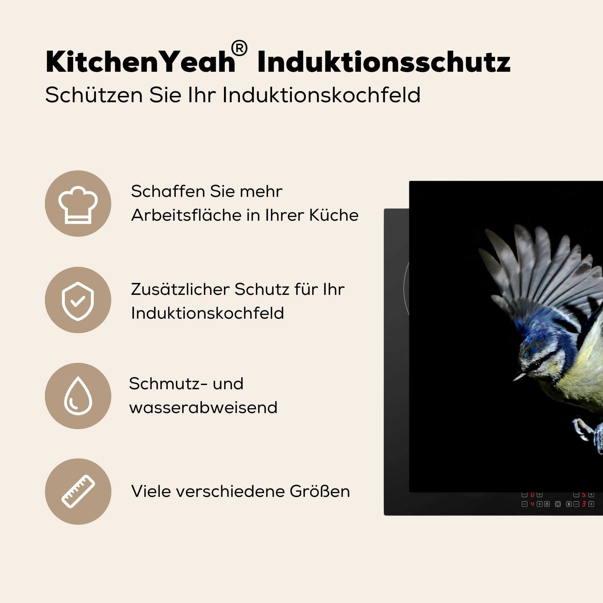 die - für küche, Blaumeise Ceranfeldabdeckung Vinyl, (1 Schwarz, Induktionsmatte tlg), - Vogel MuchoWow cm, 59x52 Herdblende-/Abdeckplatte