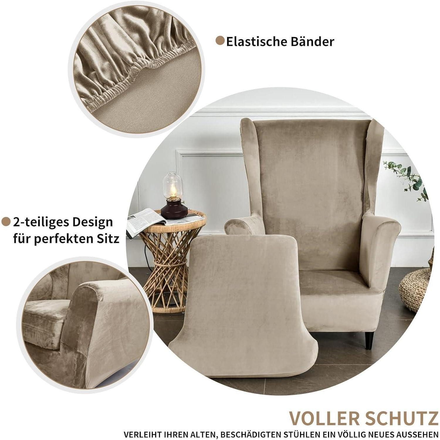 LuxusKollektion Hussen-Set Sesselhusse Ohrensessel Ottomane Stretch Samt Champagne 3 Teilig – Bild 3 von 5