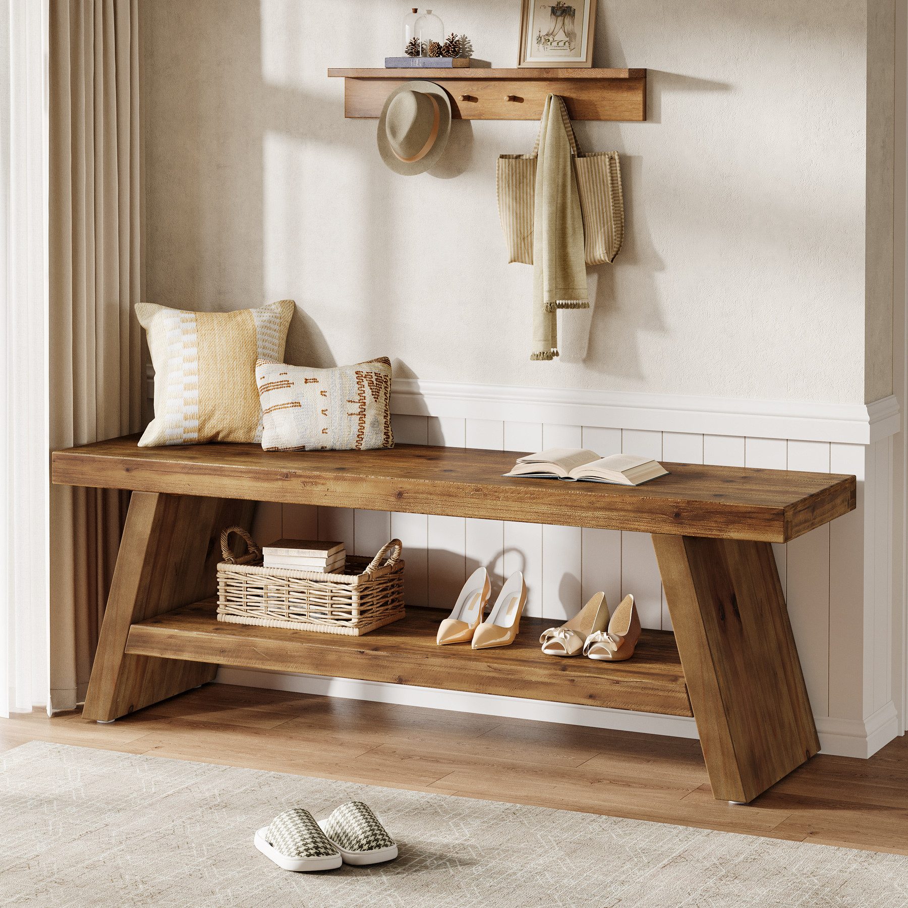 Tribesigns Schuhbank Eingangsbank, 120 cm Flurbank aus Massivholz mit offenen Regalen