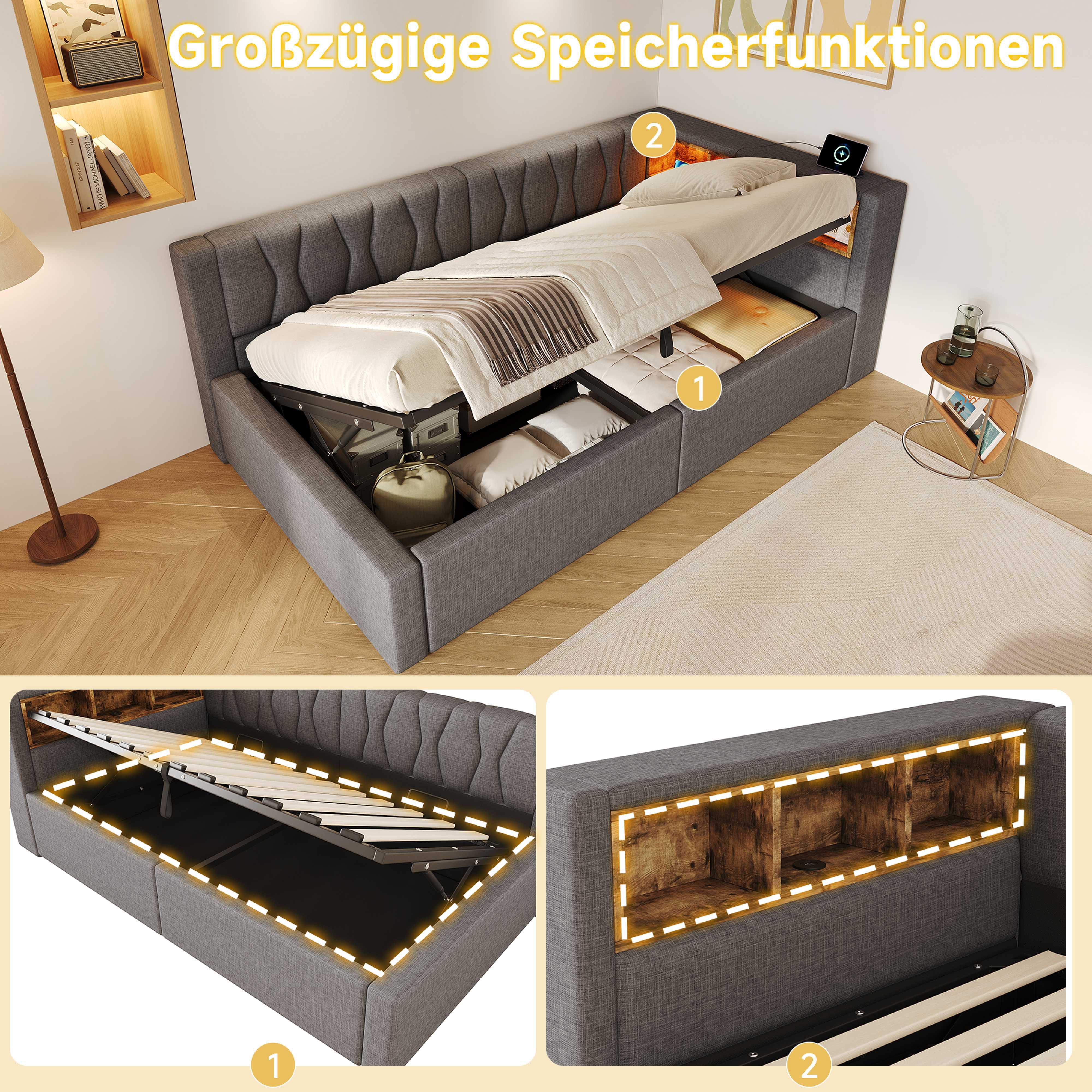 BlingBin Polsterbett 90/140×200 cm Schlafsofa Tagesbett Daybett mit Stauraum LED USB (2 Packung, 1-tlg., mit hydraulischem Bettkasten,offenem Regalbereich, USB Anschluss), mit Lattenrost Jugendbett Kinderbett Gästebett, Leinen,ohne Matratze