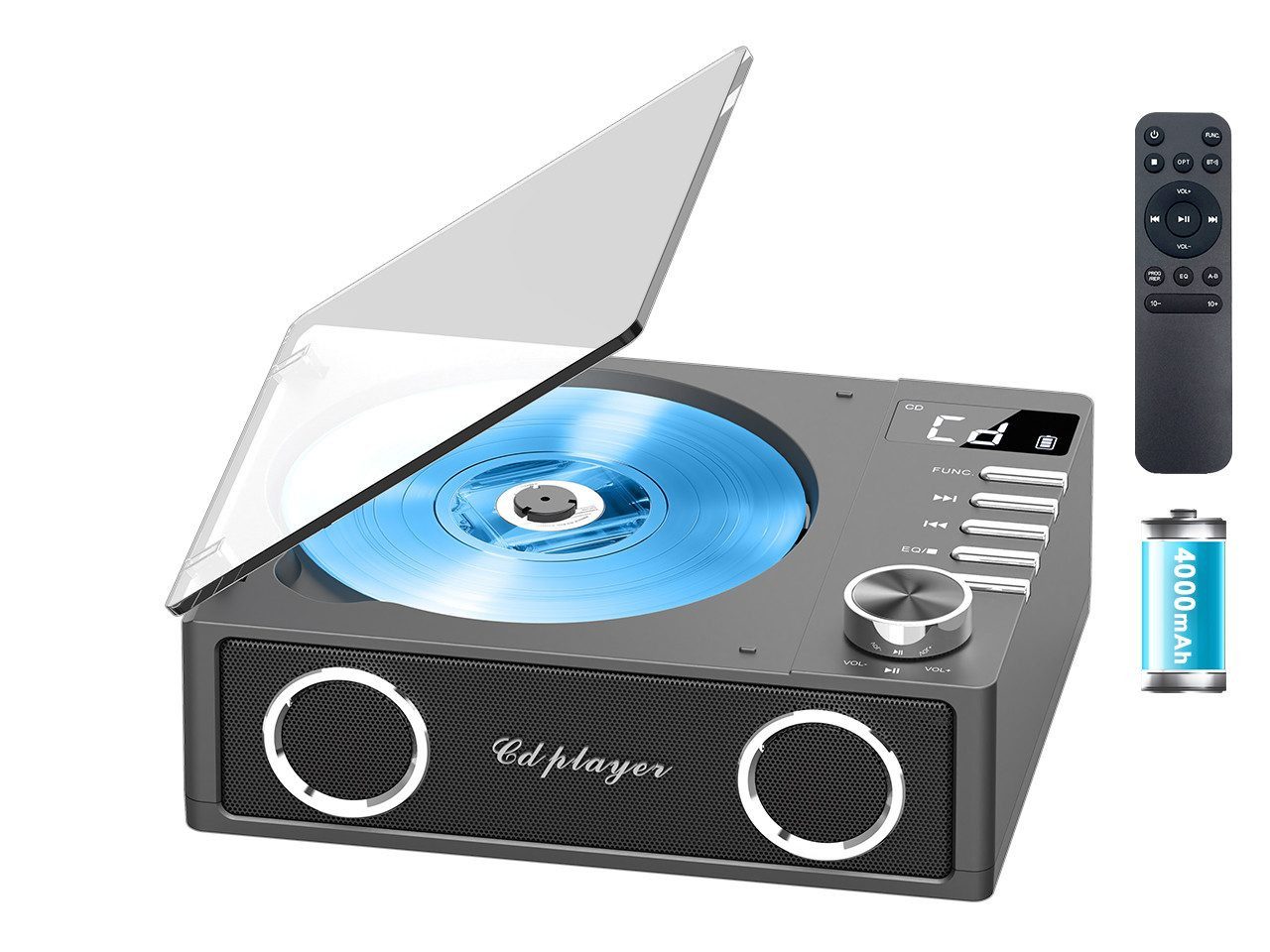 Greadio Tragbarer Desktop CD Player mit Bluetooth, LED-Display tragbarer CD-Player (Bluetooth, Stereo Surround,USB/TF/AUX, schwarz,für Auto/ Zuhause)