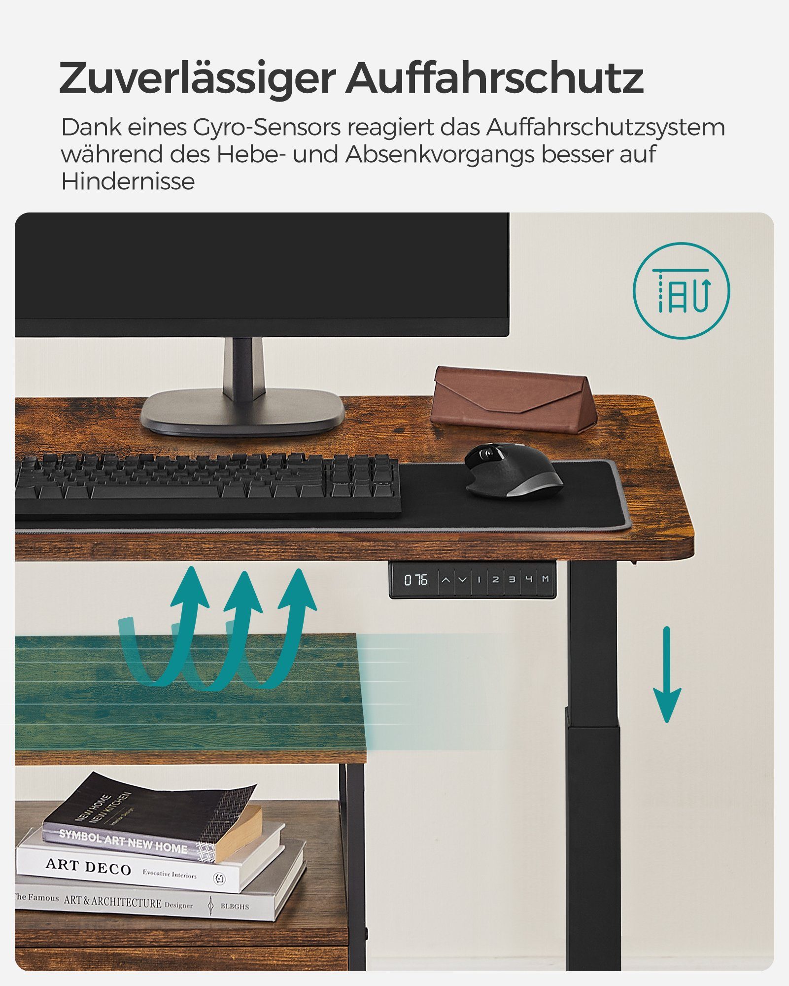 SONGMICS Schreibtisch elektrisch, Vintagebraun Vintagebraun-Schwarz | Doppelmotor Schwarz Bürotisch | höhenverstellbar